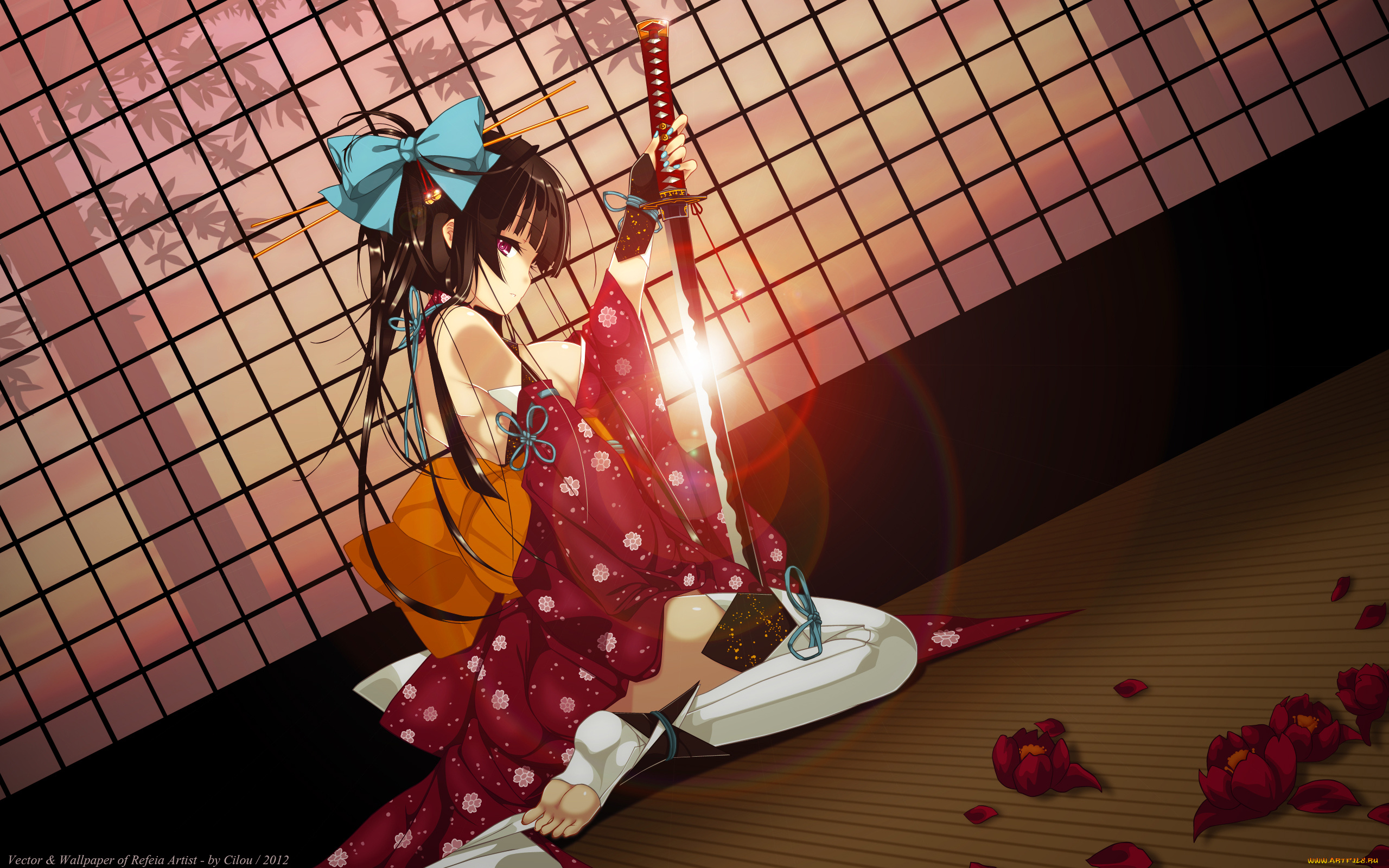refeia, mangaka, аниме, weapon, blood, technology, девушка, меч, кимоно, цветы