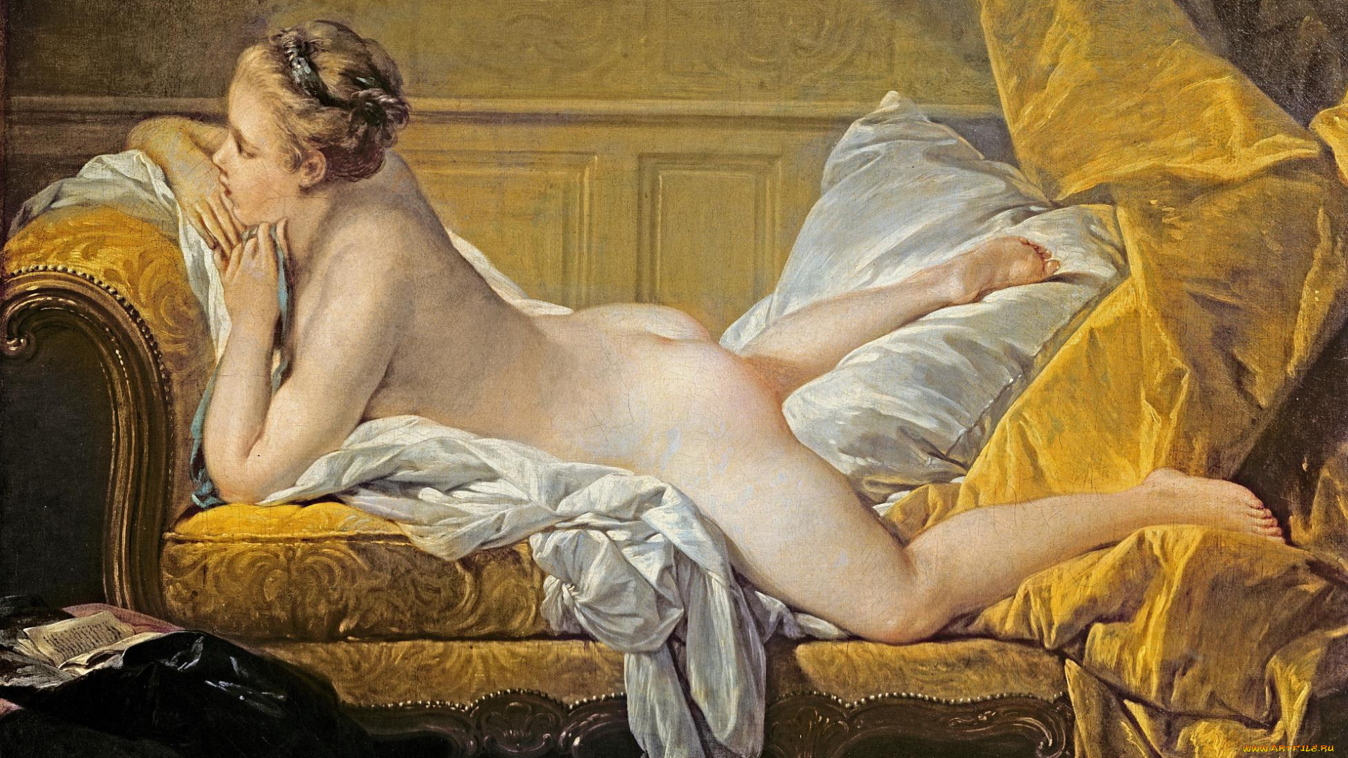 francois, boucher, -, портрет, мадемуазель, луизы, омерфи, в, виде, одалиски, рисованное, живопись, девушка, шторы, подушка, постель