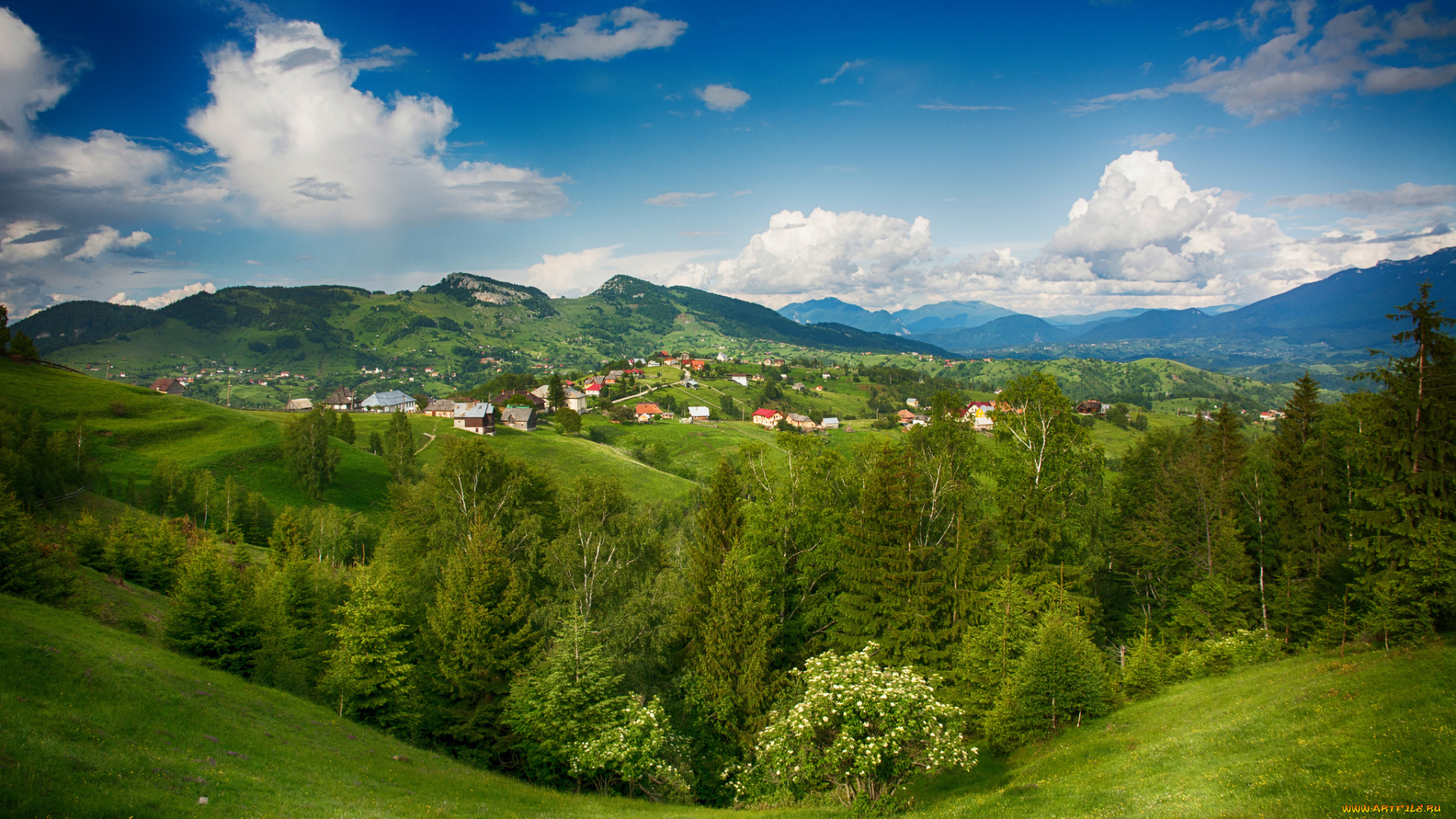 города, -, пейзажи, пейзаж, долина, горы, дома, деревья