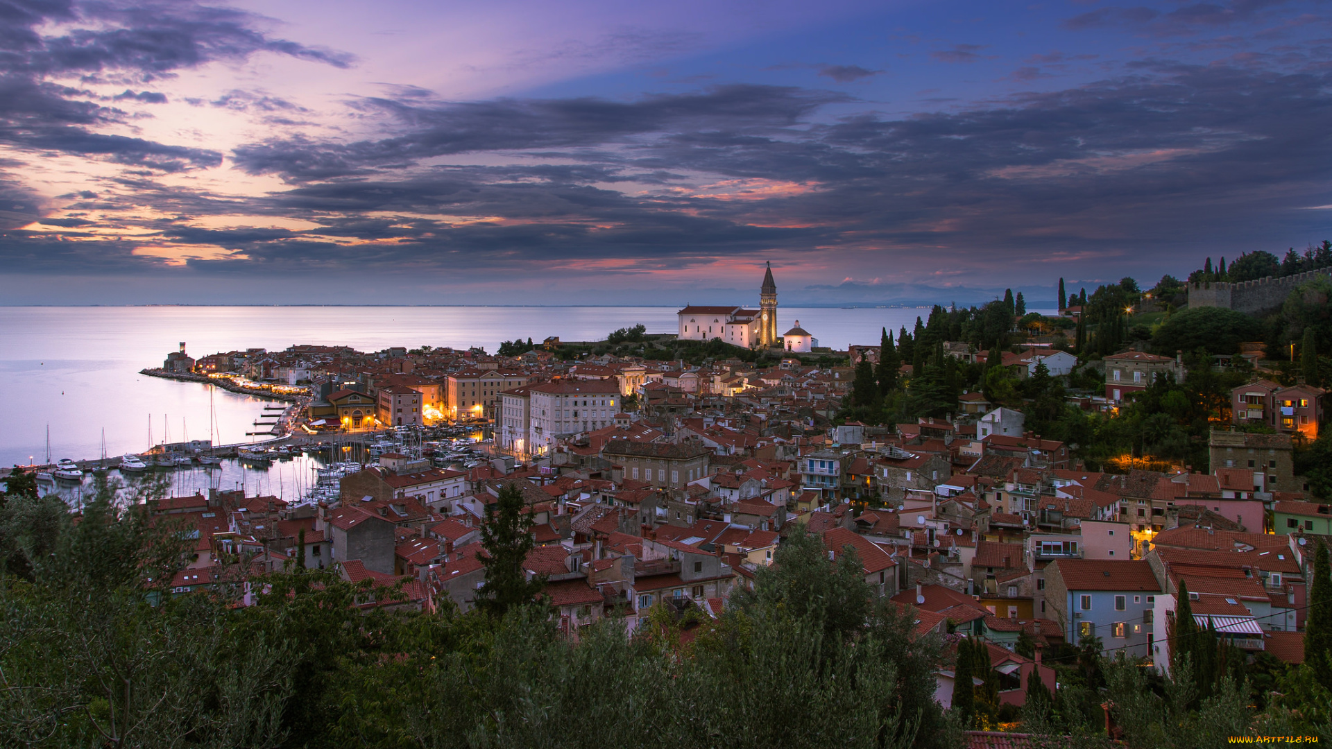 piran, , slovenia, города, -, пейзажи, побережье, огни, ночь