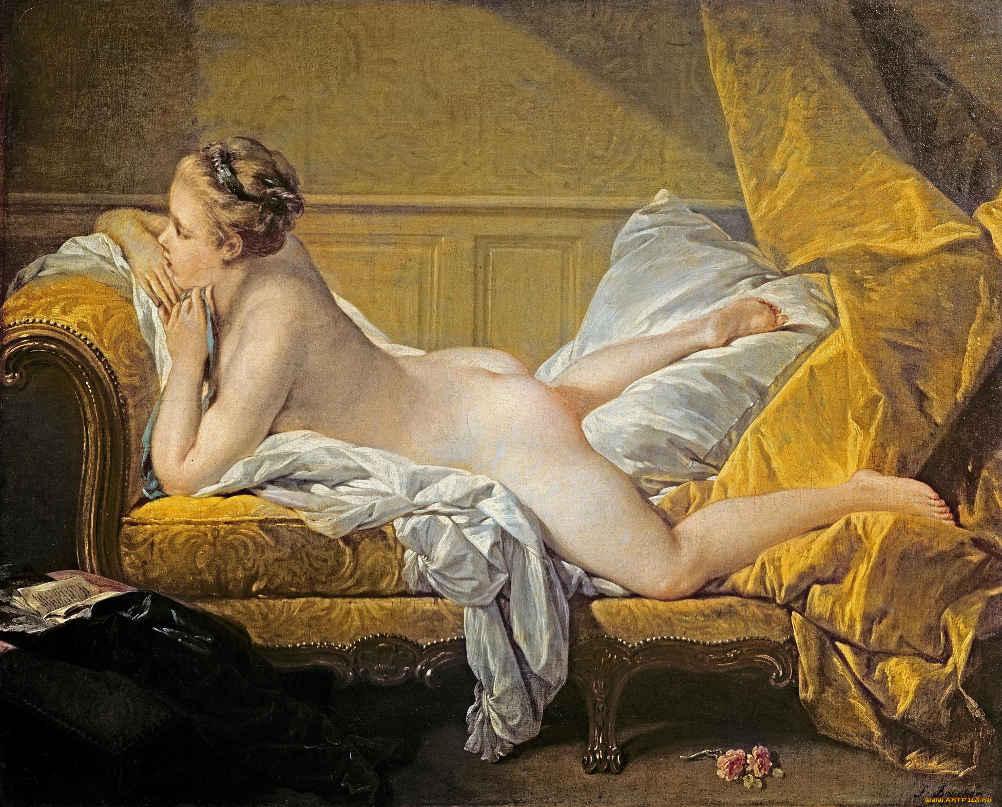 francois, boucher, -, портрет, мадемуазель, луизы, омерфи, в, виде, одалиски, рисованное, живопись, девушка, шторы, подушка, постель