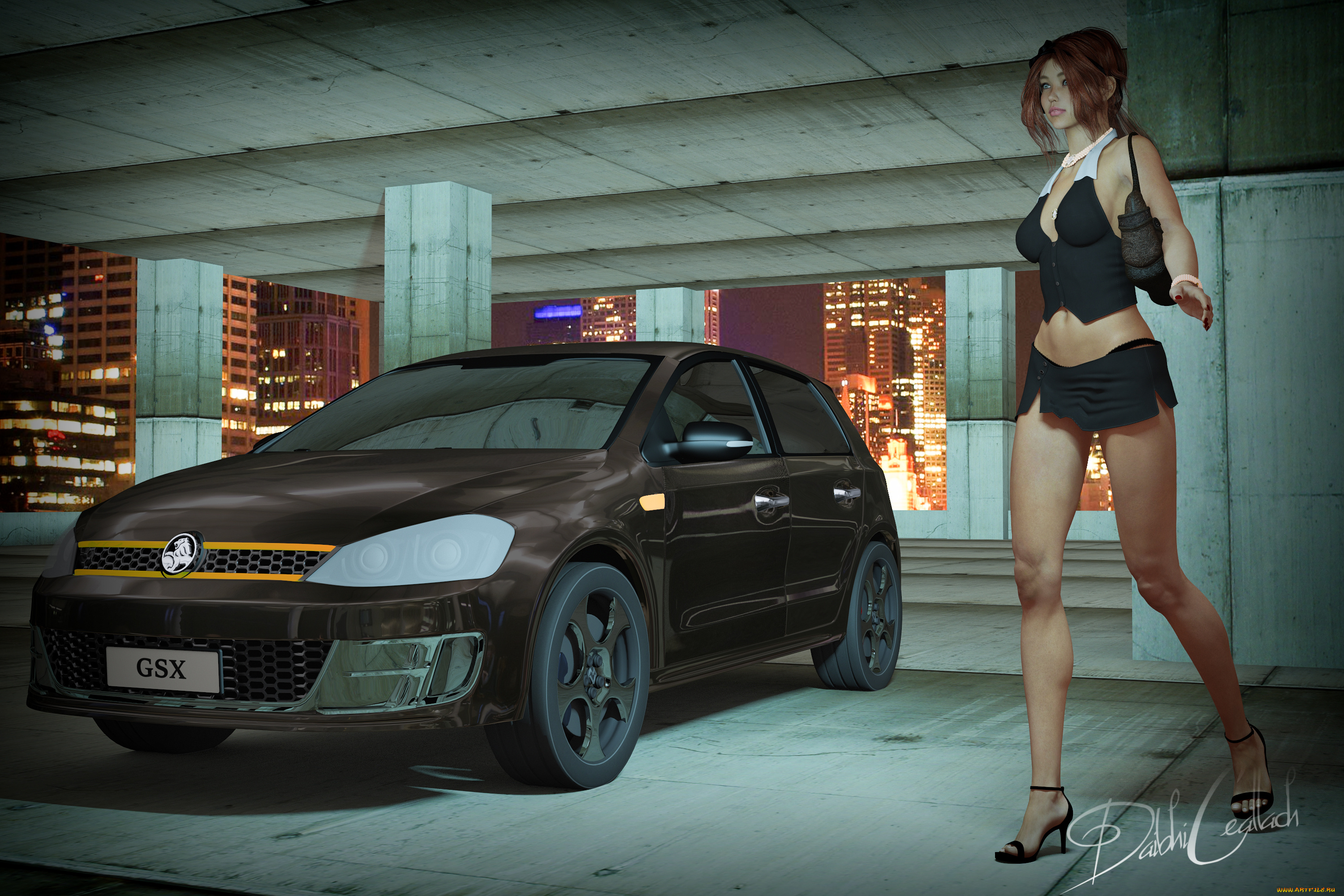 автомобили, 3d, car&girl, автомобиль, фон, взгляд, девушка