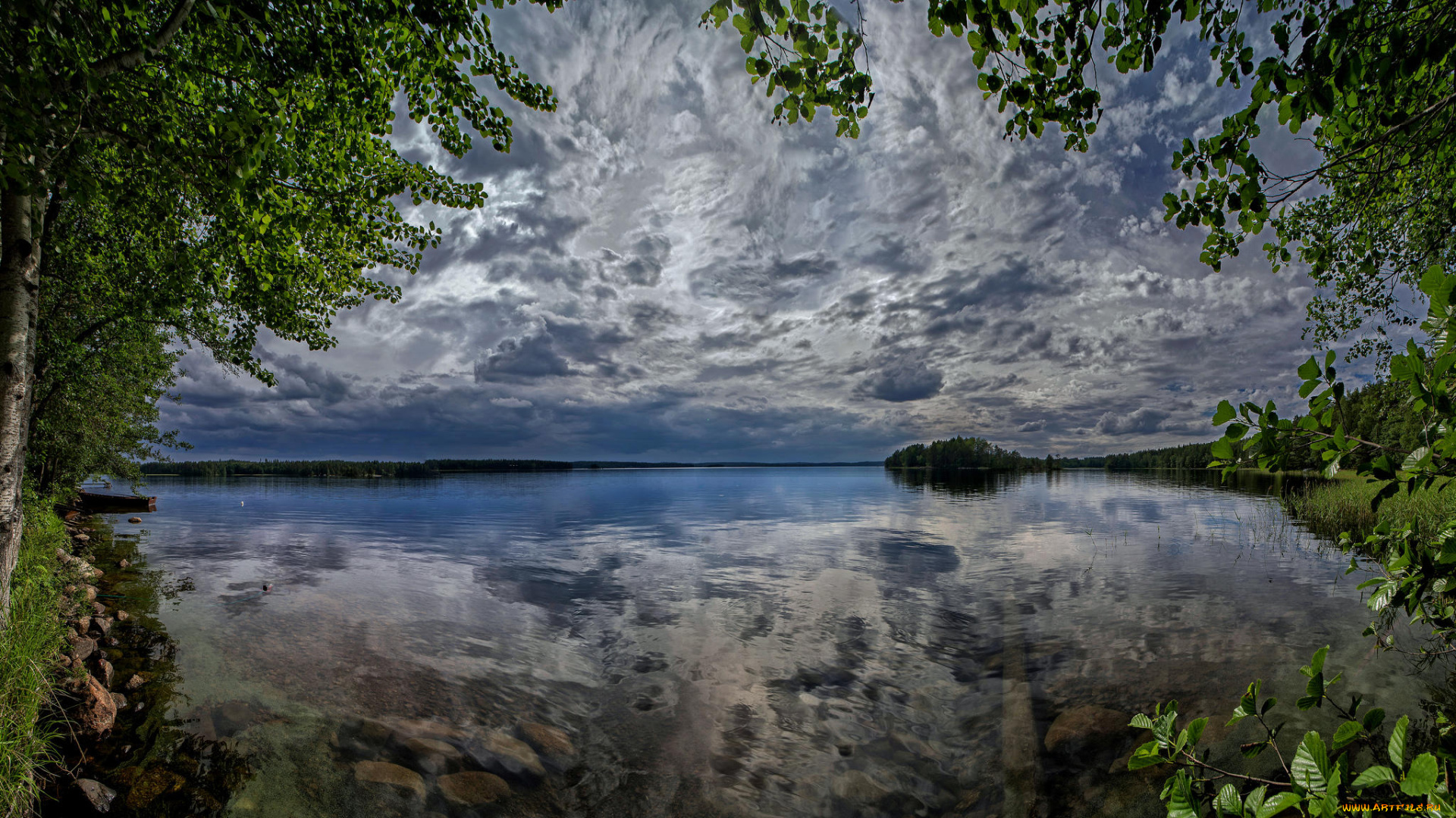 природа, реки, озера, финляндия, закат, озеро, деревья
