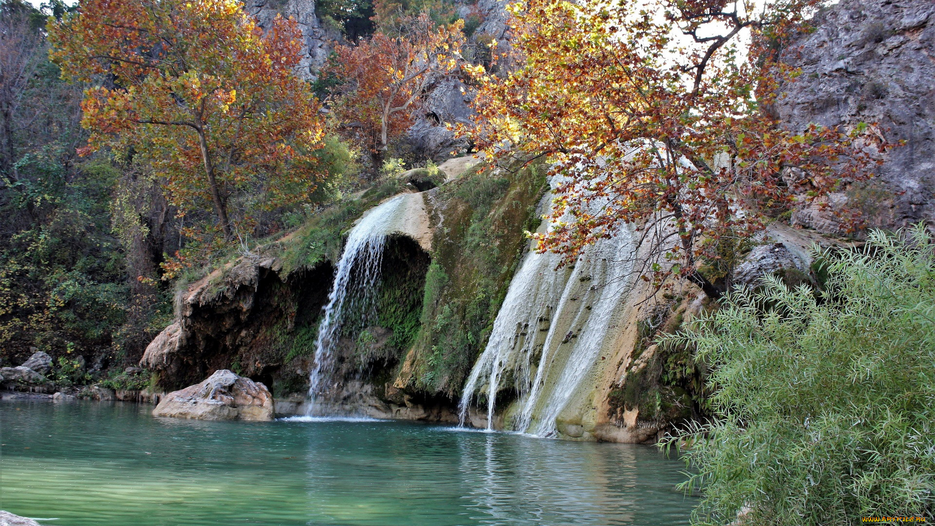 природа, водопады, осень, поток, вода