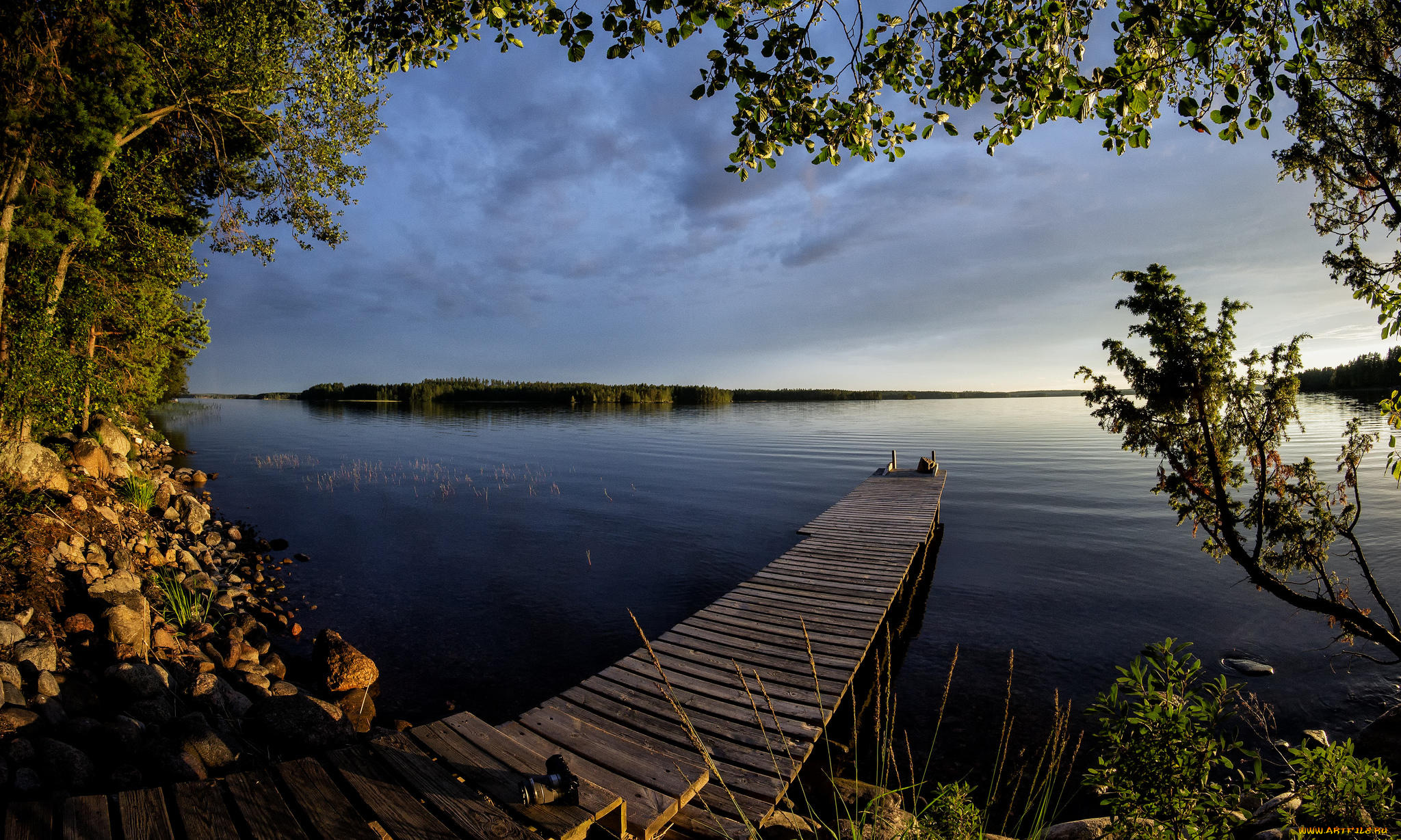 природа, реки, озера, причал, озеро, закат, финляндия, деревья