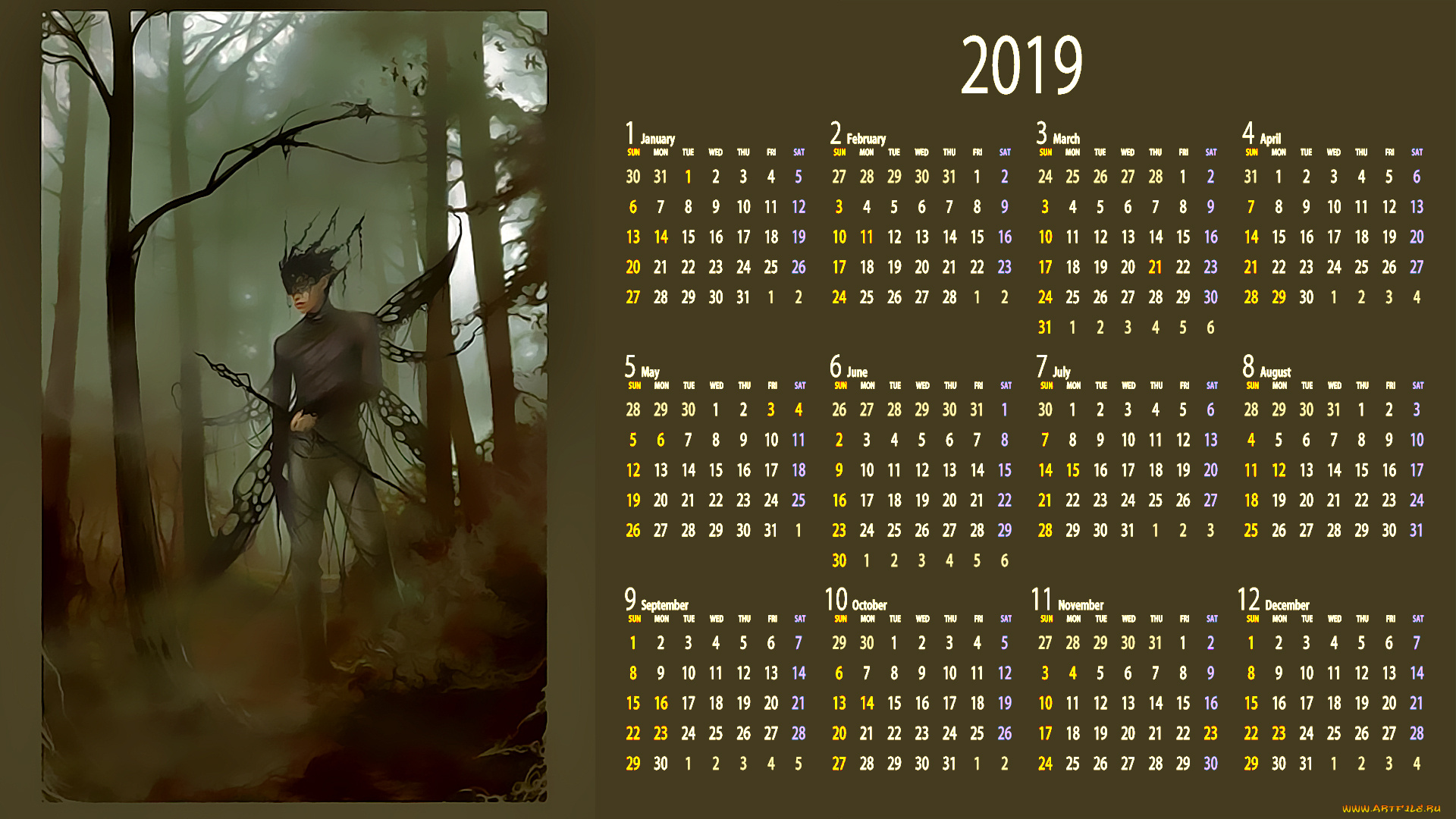 календари, фэнтези, деревья, крылья, существо, лес