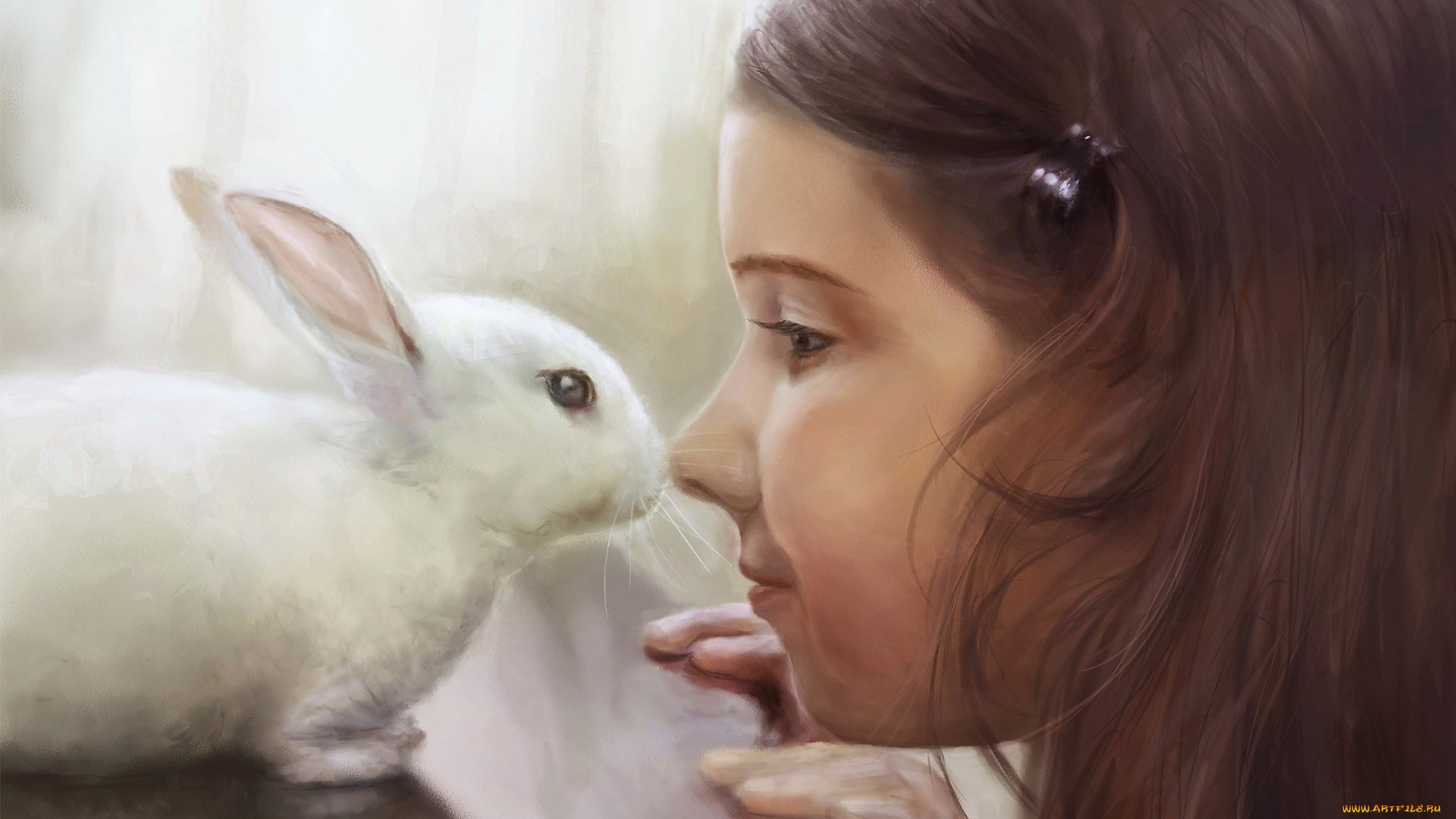 рисованное, дети, девочка, лицо, кролик