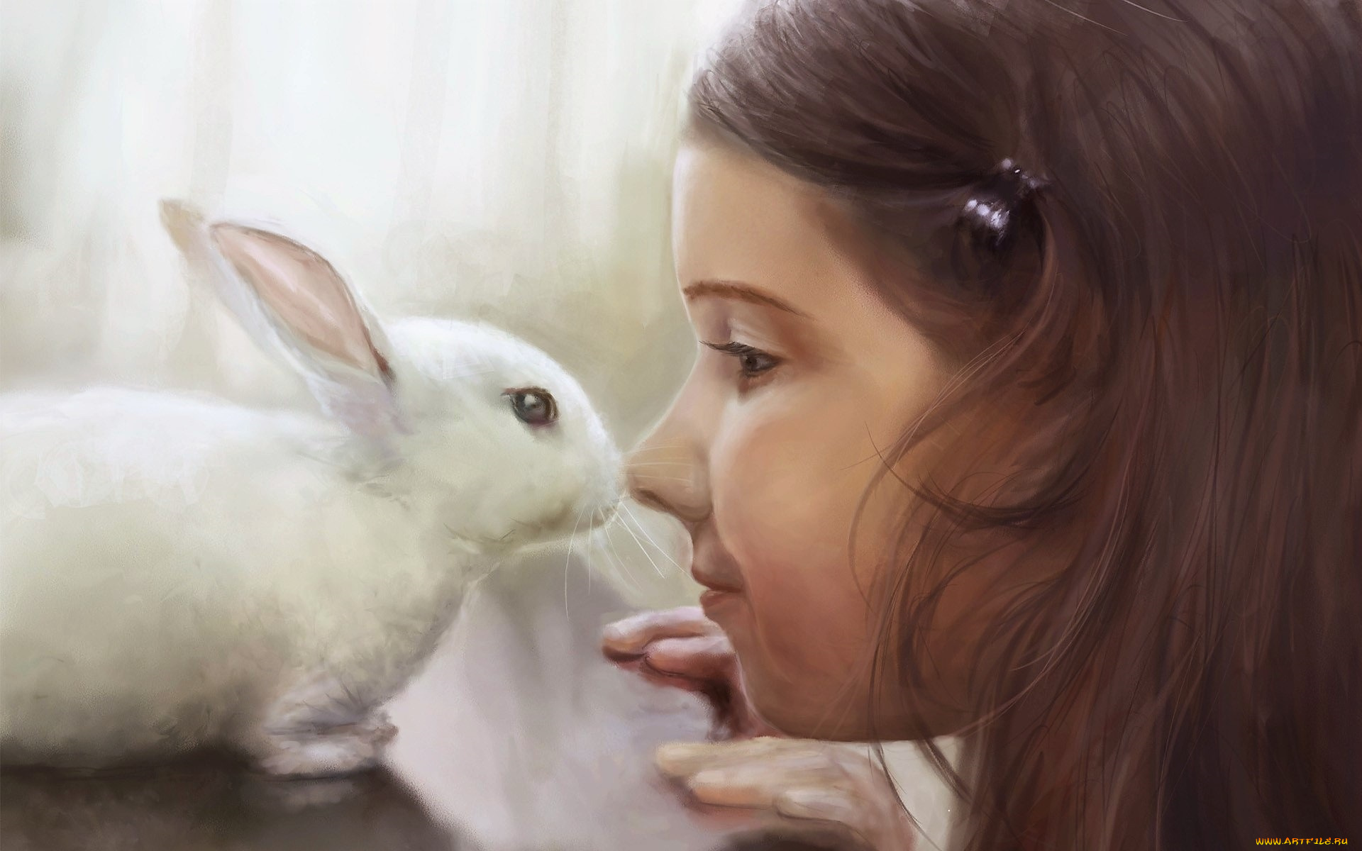 рисованное, дети, девочка, лицо, кролик
