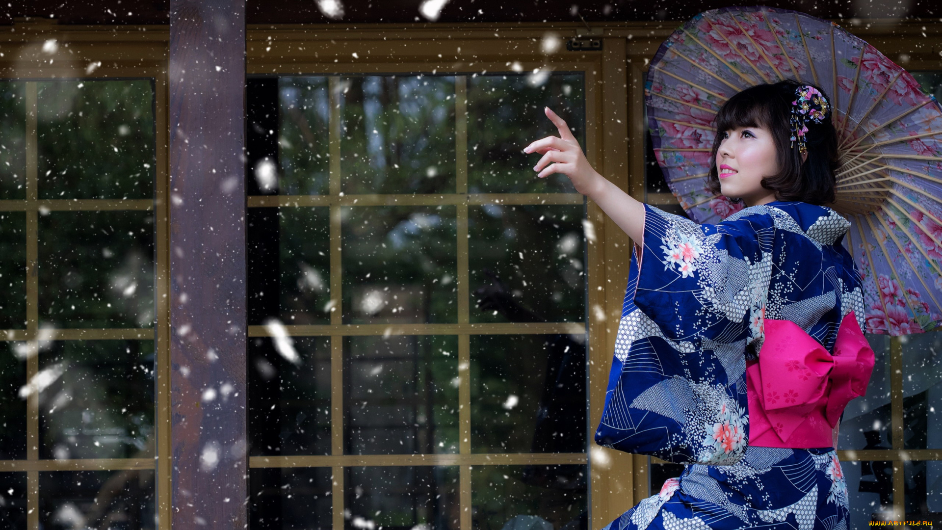 девушки, -, азиатки, азиатка, кимоно, зонтик, жест, снег