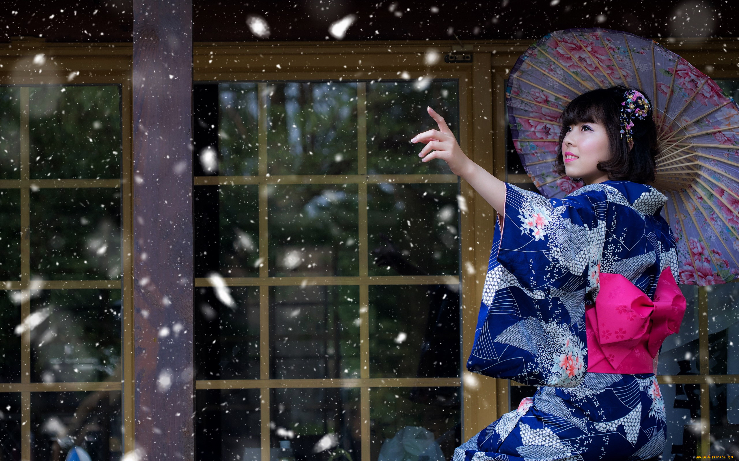 девушки, -, азиатки, азиатка, кимоно, зонтик, жест, снег