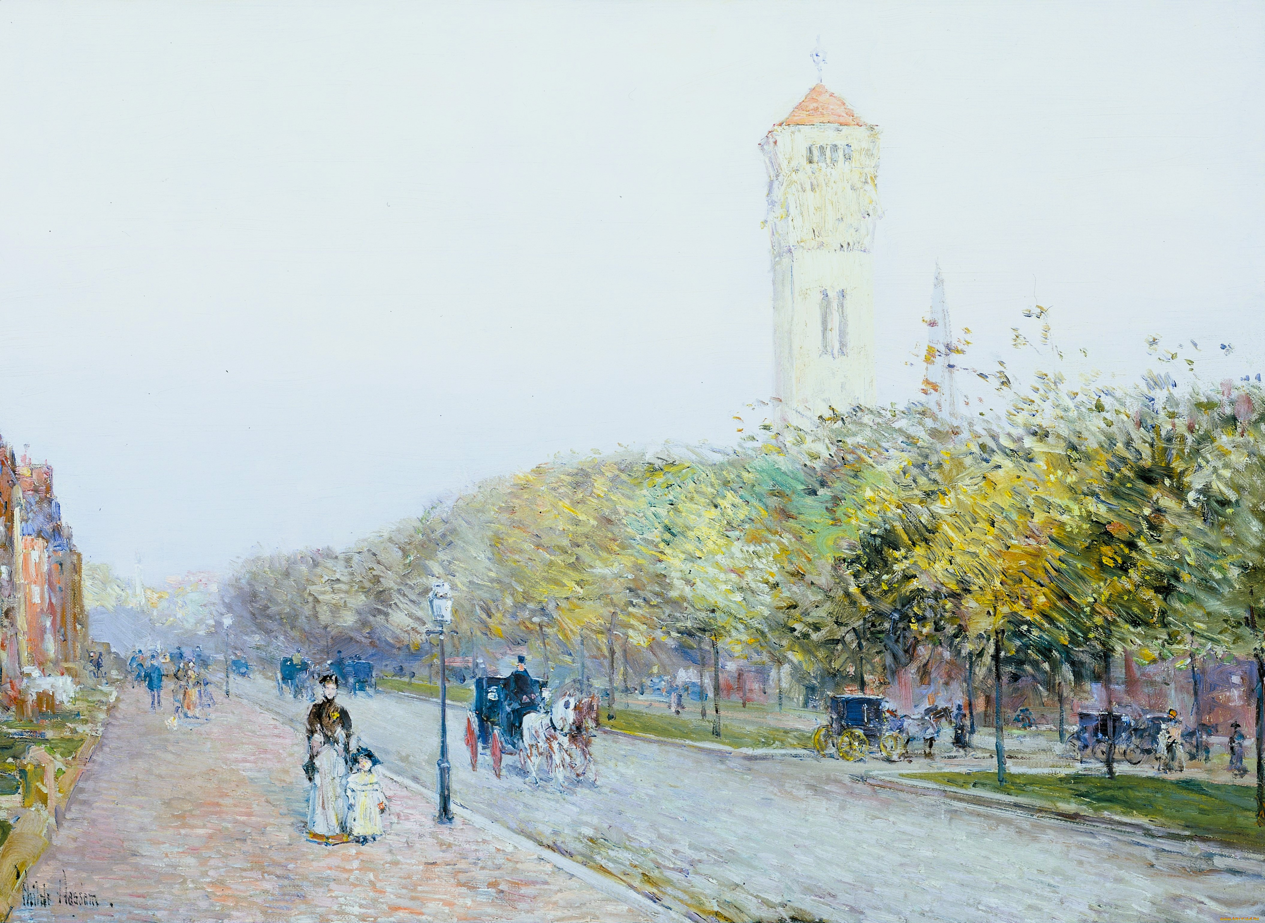 рисованное, frederick, childe, hassam, бостон, башня, улица, люди, город, деревья