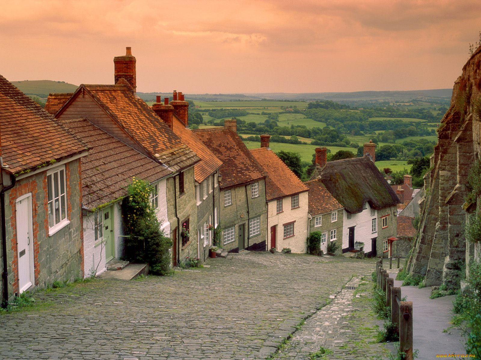 gold, hill, cottages, shaftesbury, england, города
