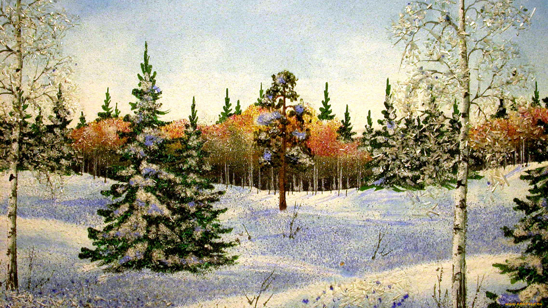 рисованные, природа, зима, снег, елки, деревья, лес