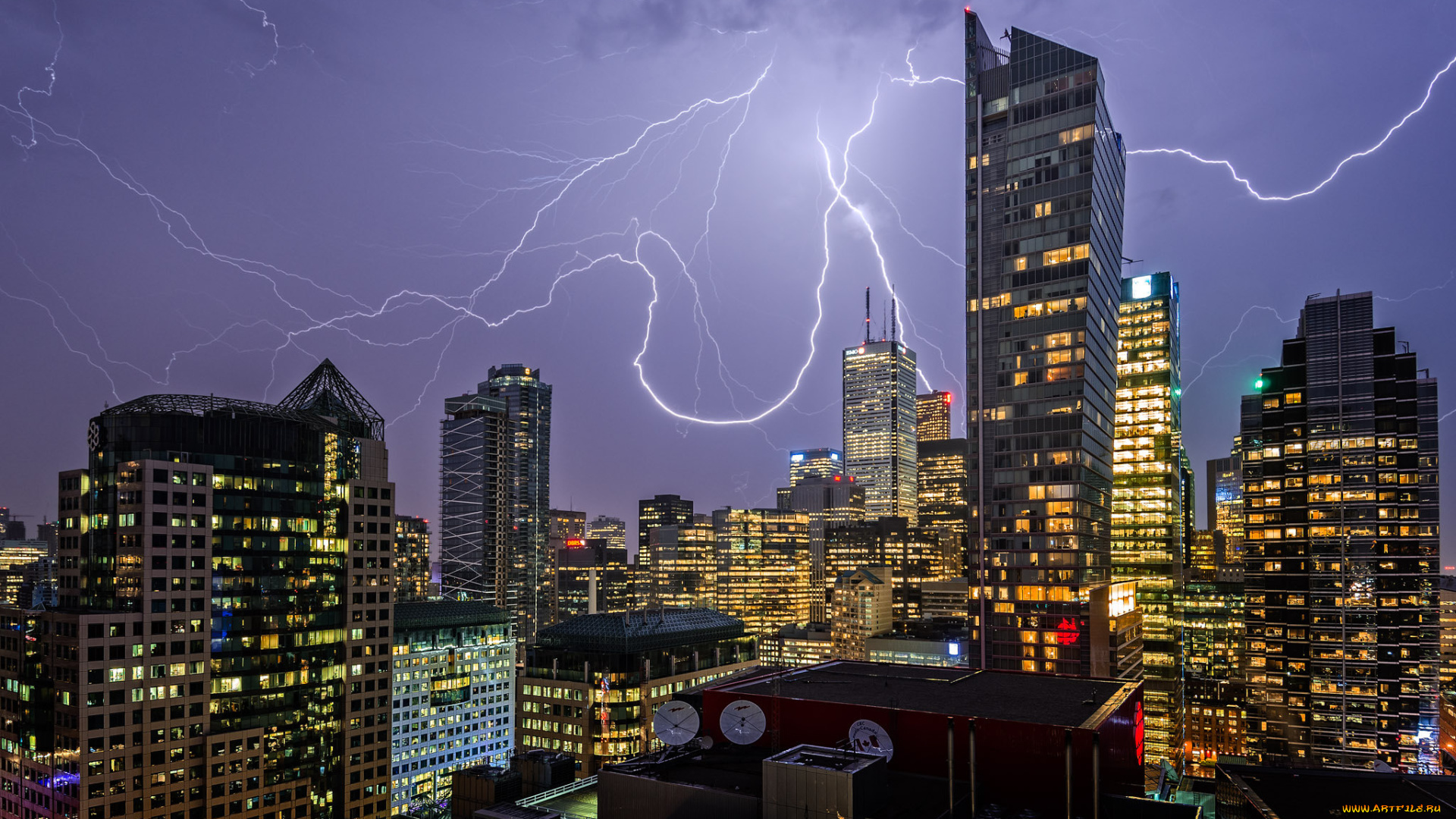 downtown, -, toronto, , on, города, торонто, , канада, гроза, ночь