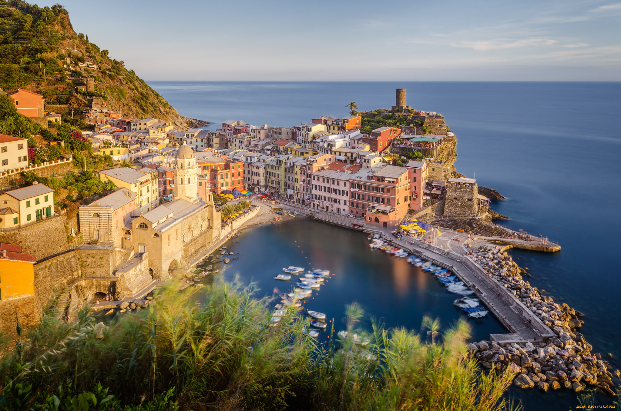 vernazza, города, -, панорамы, море, бухта, скала, поселок