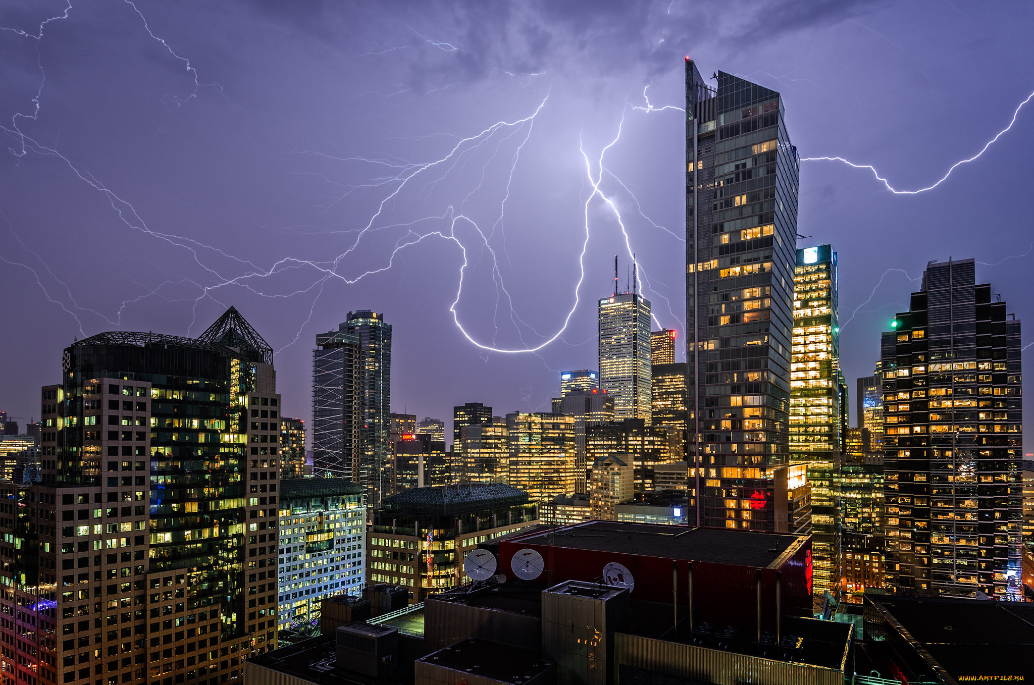 downtown, -, toronto, , on, города, торонто, , канада, гроза, ночь