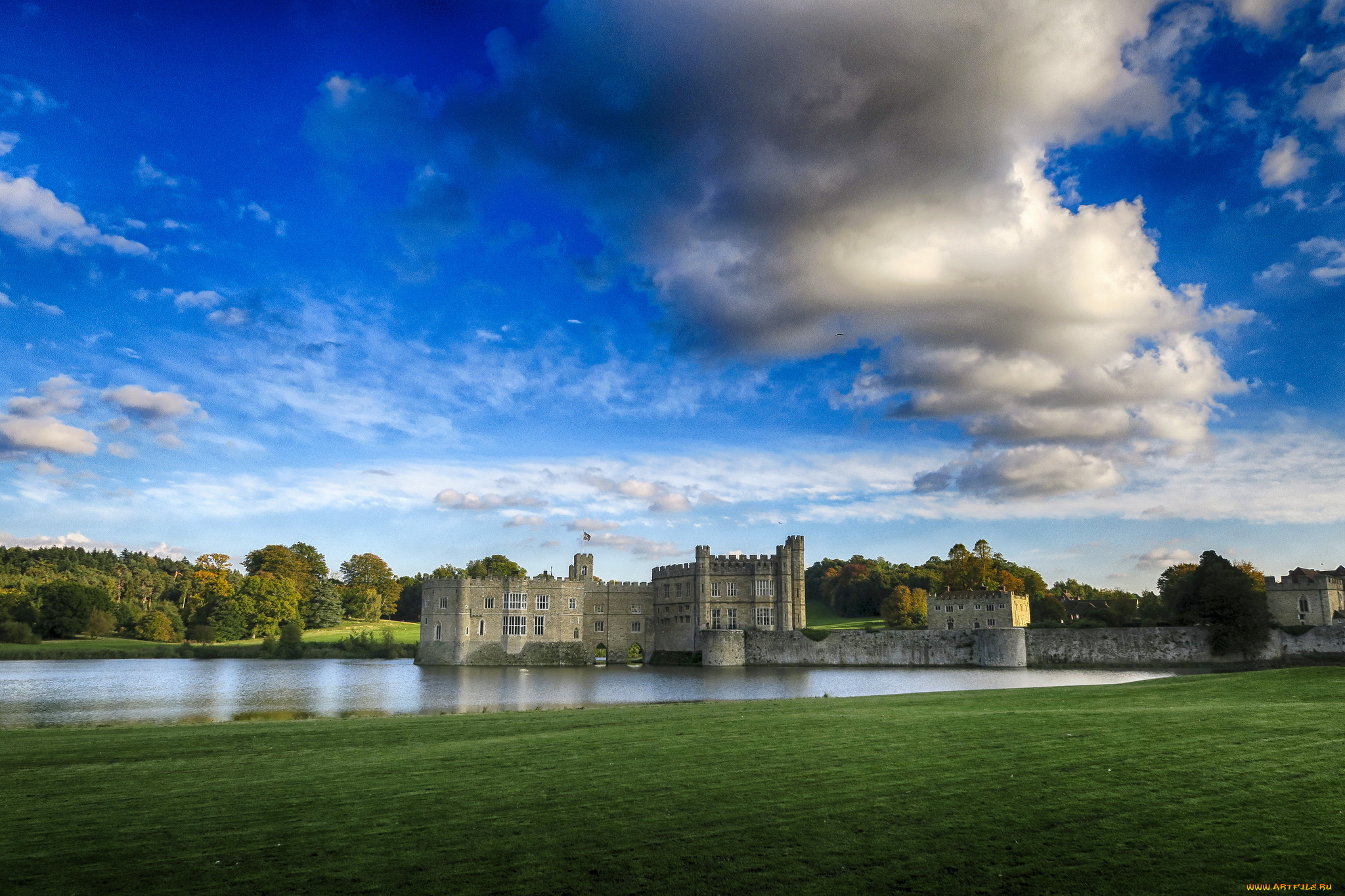 leeds, castle, города, -, пейзажи, лес, река, замок