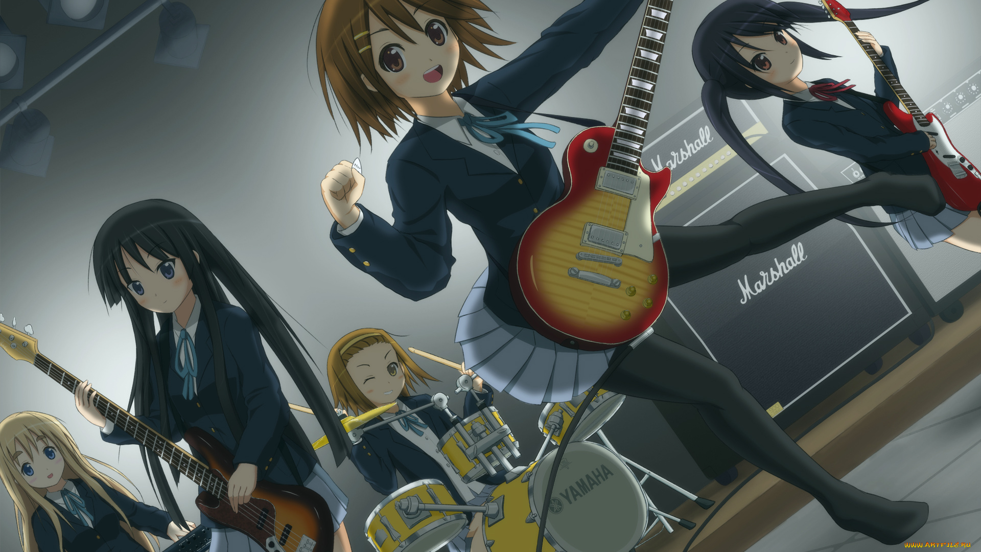 аниме, k-on, девушки, взгляд, фон