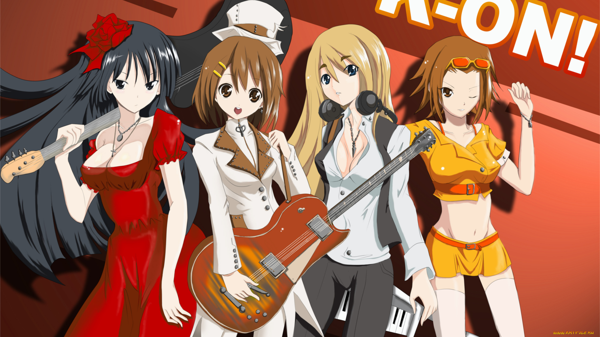 аниме, k-on, девушки, взгляд, фон