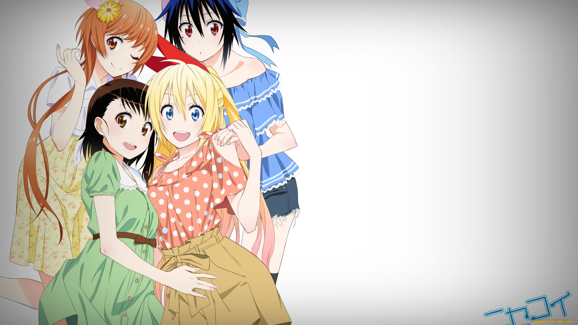 аниме, nisekoi, девушки, взгляд, фон