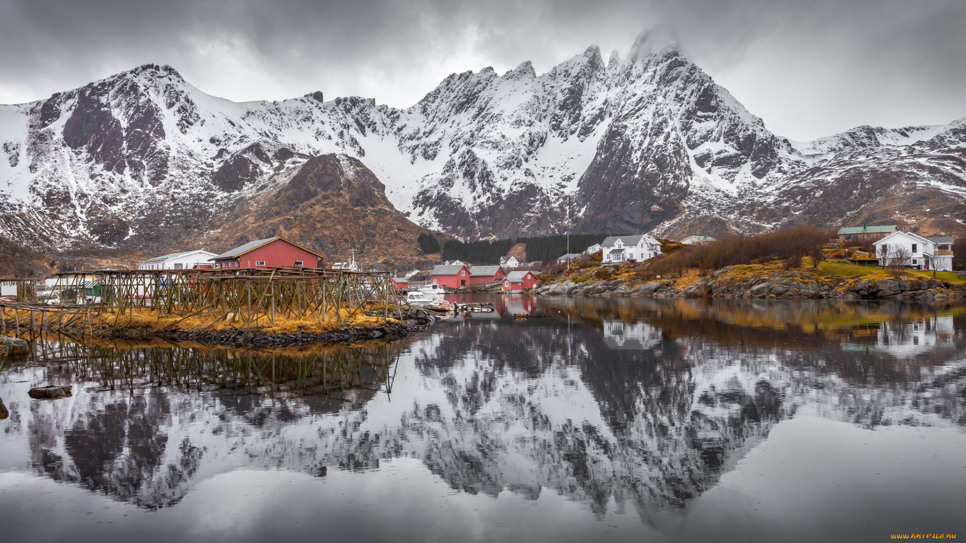 города, -, здания, , дома, горы, зима, деревня, nordland, облака, норвегия, зеркало, отражение, лодки, гроза, снег