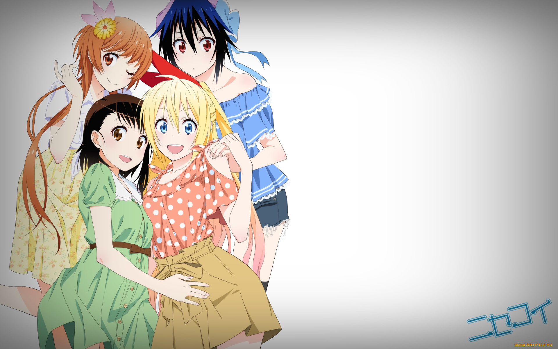 аниме, nisekoi, девушки, взгляд, фон