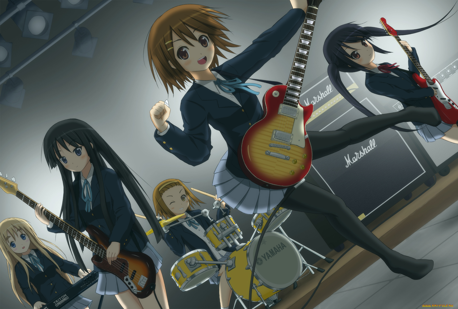 аниме, k-on, девушки, взгляд, фон