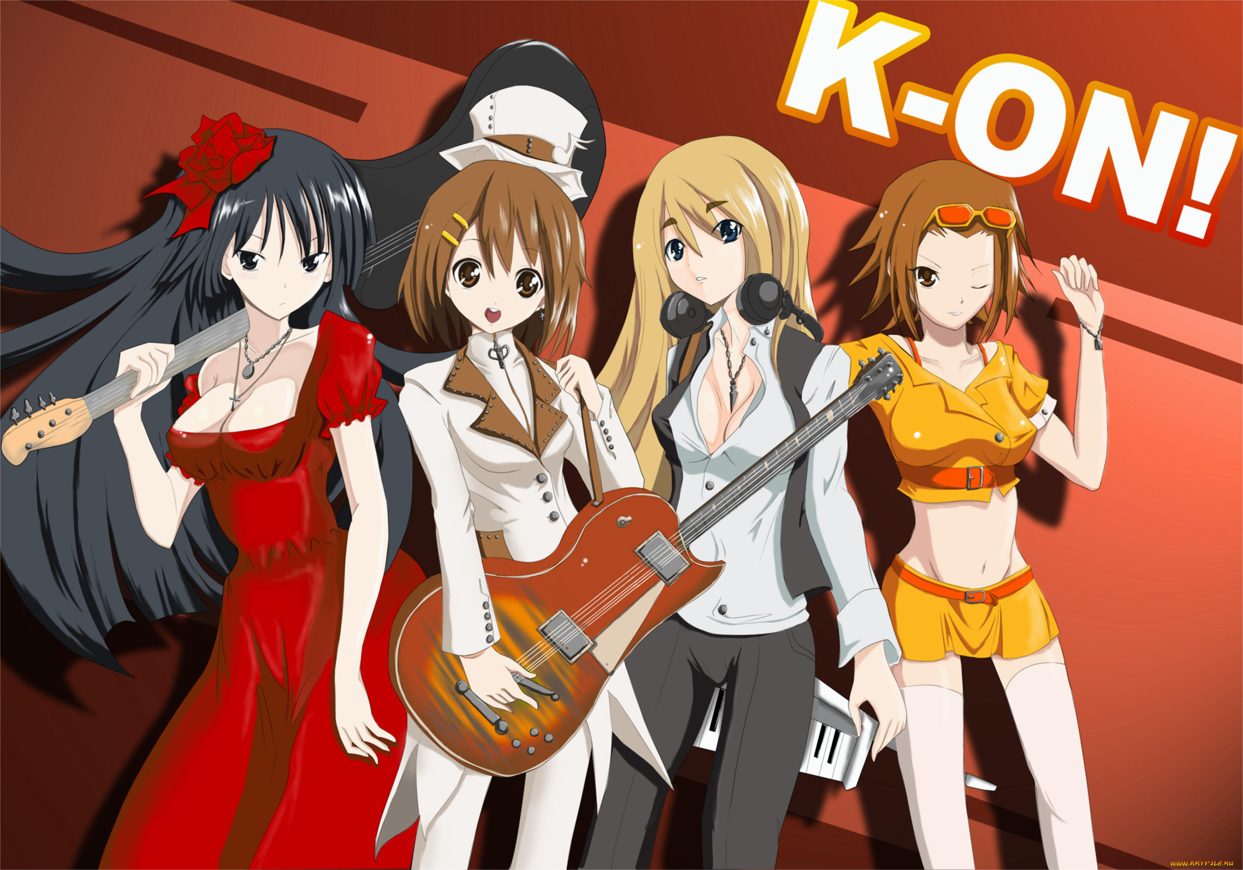 аниме, k-on, девушки, взгляд, фон