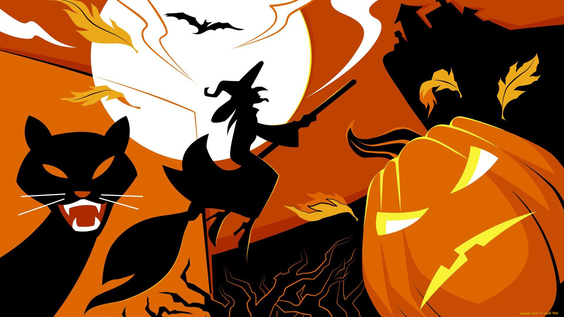 праздничные, хэллоуин, halloween, moon, vector, art, spooky, flying, broom, house, scary, black, cats, witch, pumpkin, holiday, bat