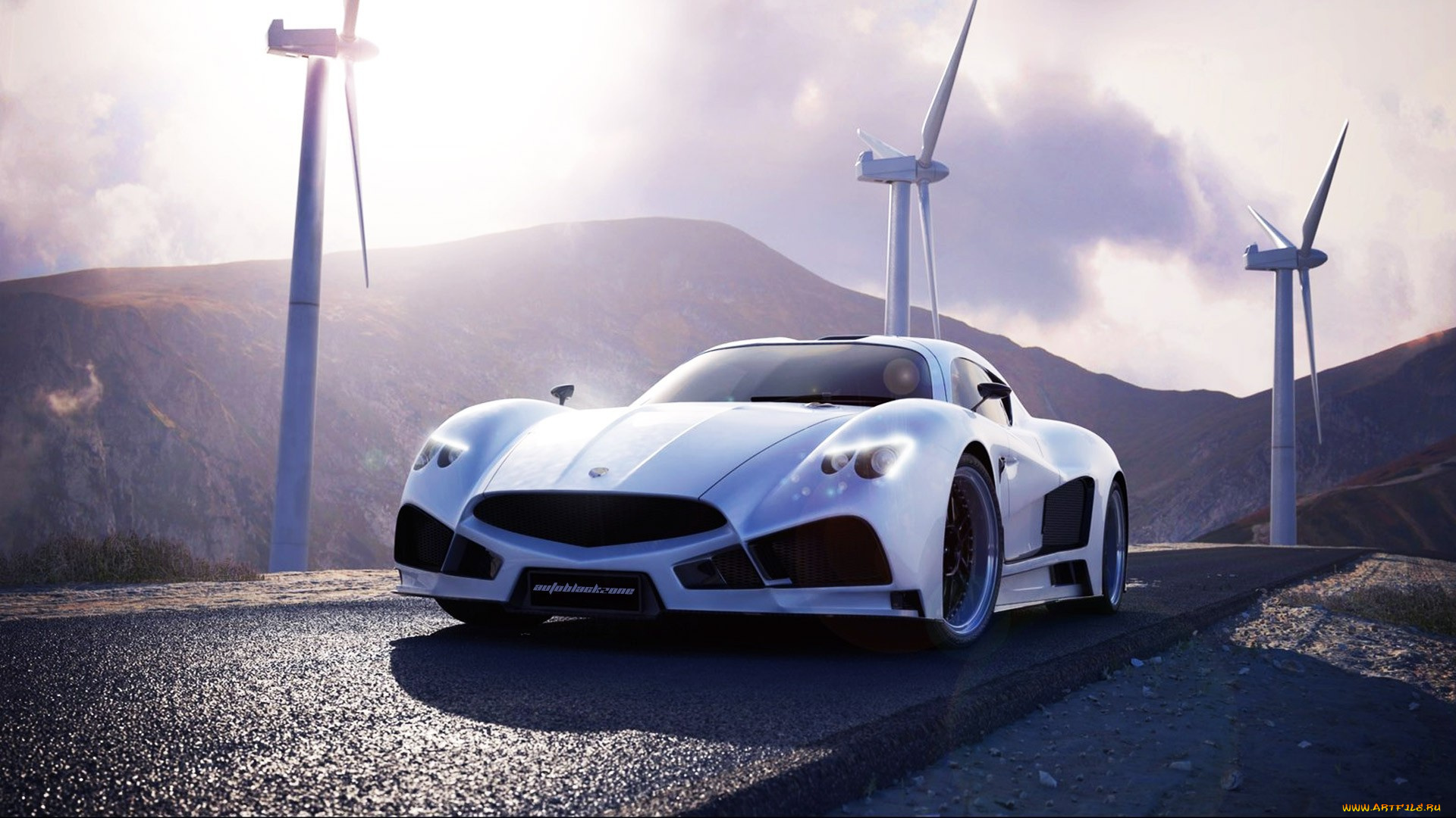 mazzanti, evantra, v8, автомобили, mazzanti, белый, дорога, горы, ветрогенераторы