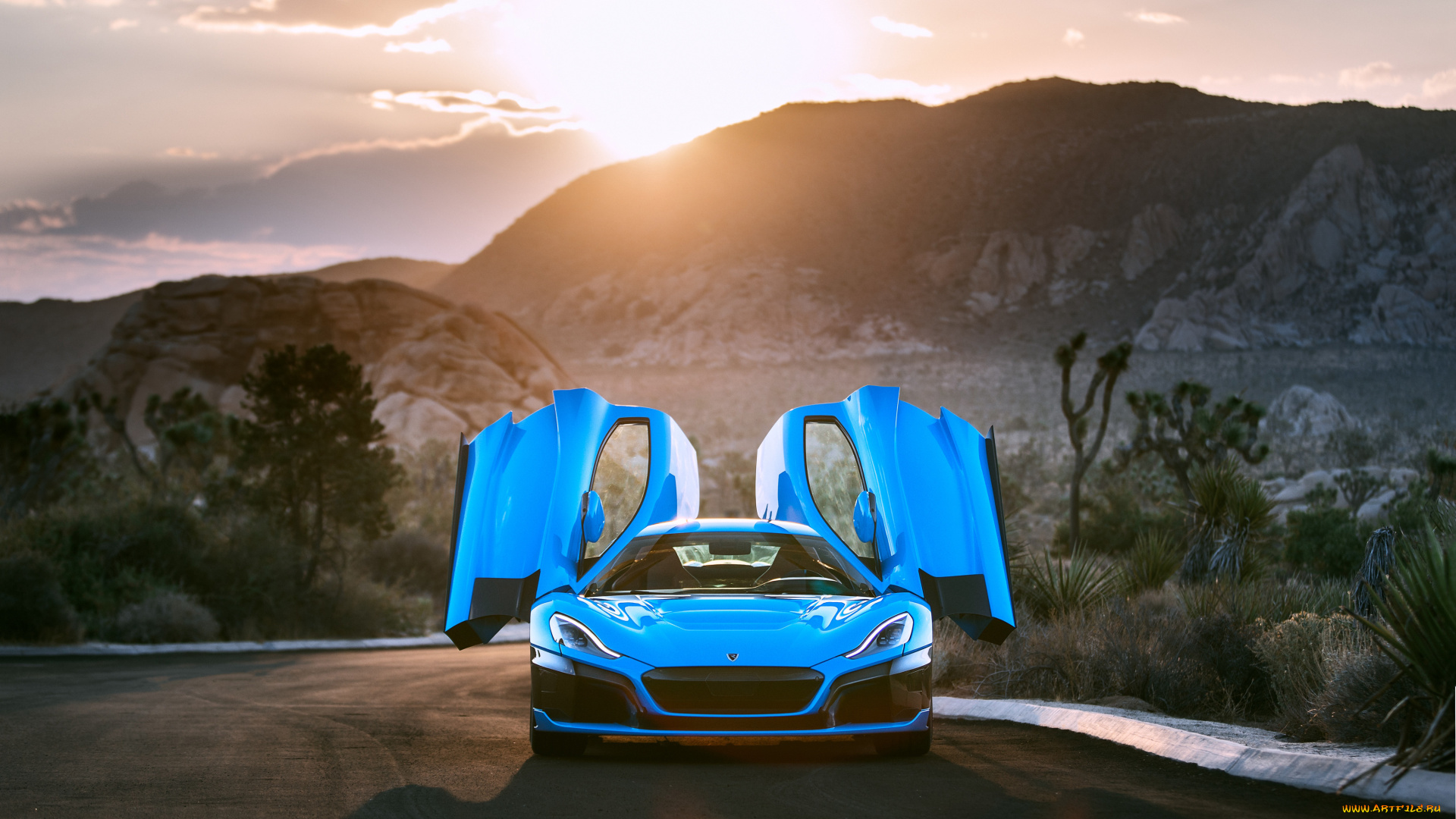 rimac, c, two, california, 2018, автомобили, rimac, синий, двери, дорога, закат, горы