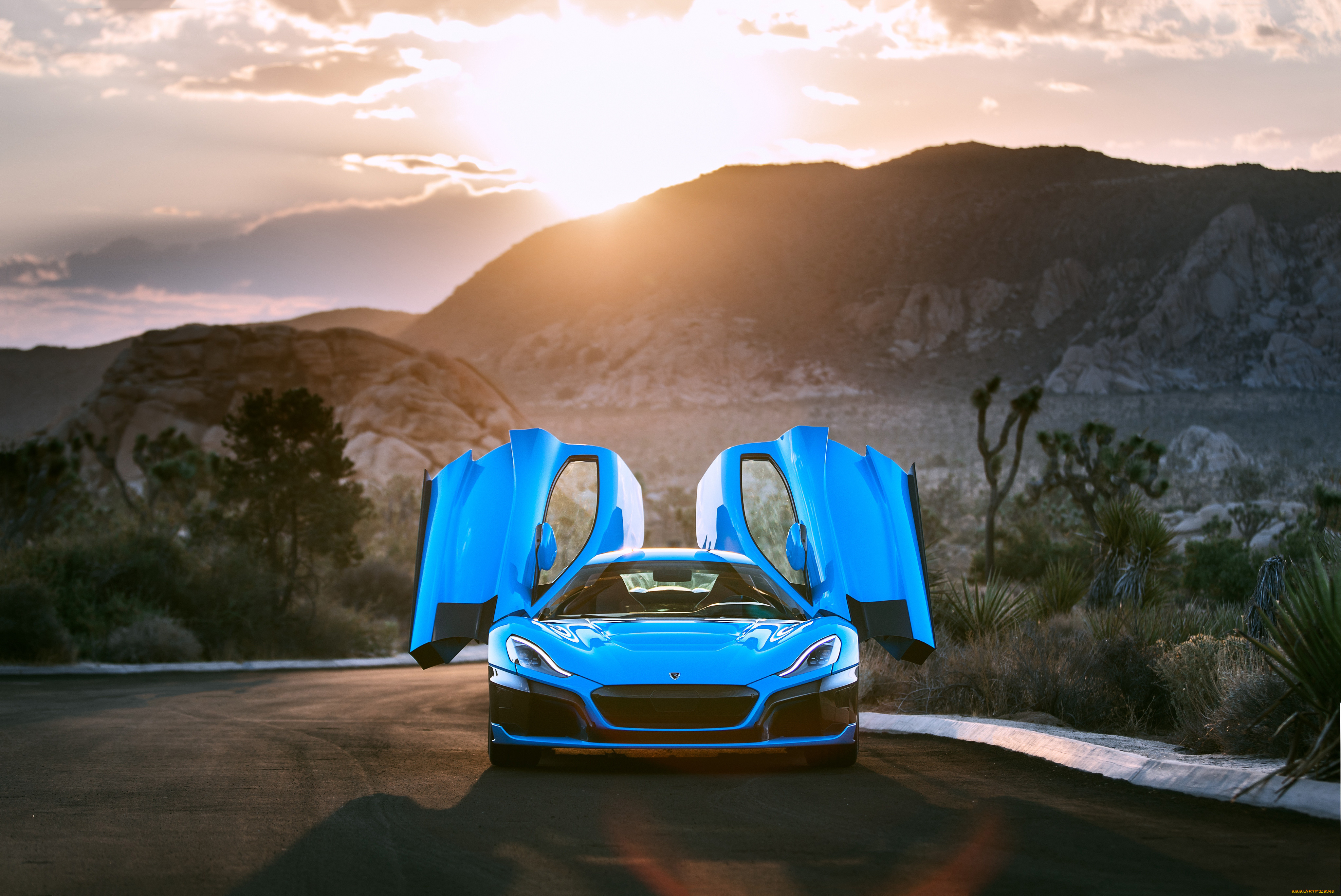 rimac, c, two, california, 2018, автомобили, rimac, синий, двери, дорога, закат, горы