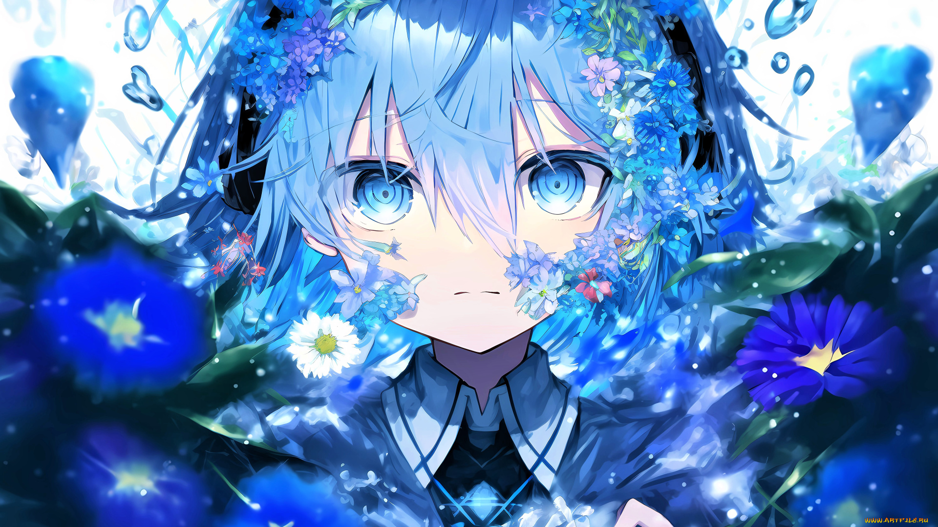аниме, re, , zero, kara, hajimeru, isekai, seikatsu, девочка, лицо, цветы, капли
