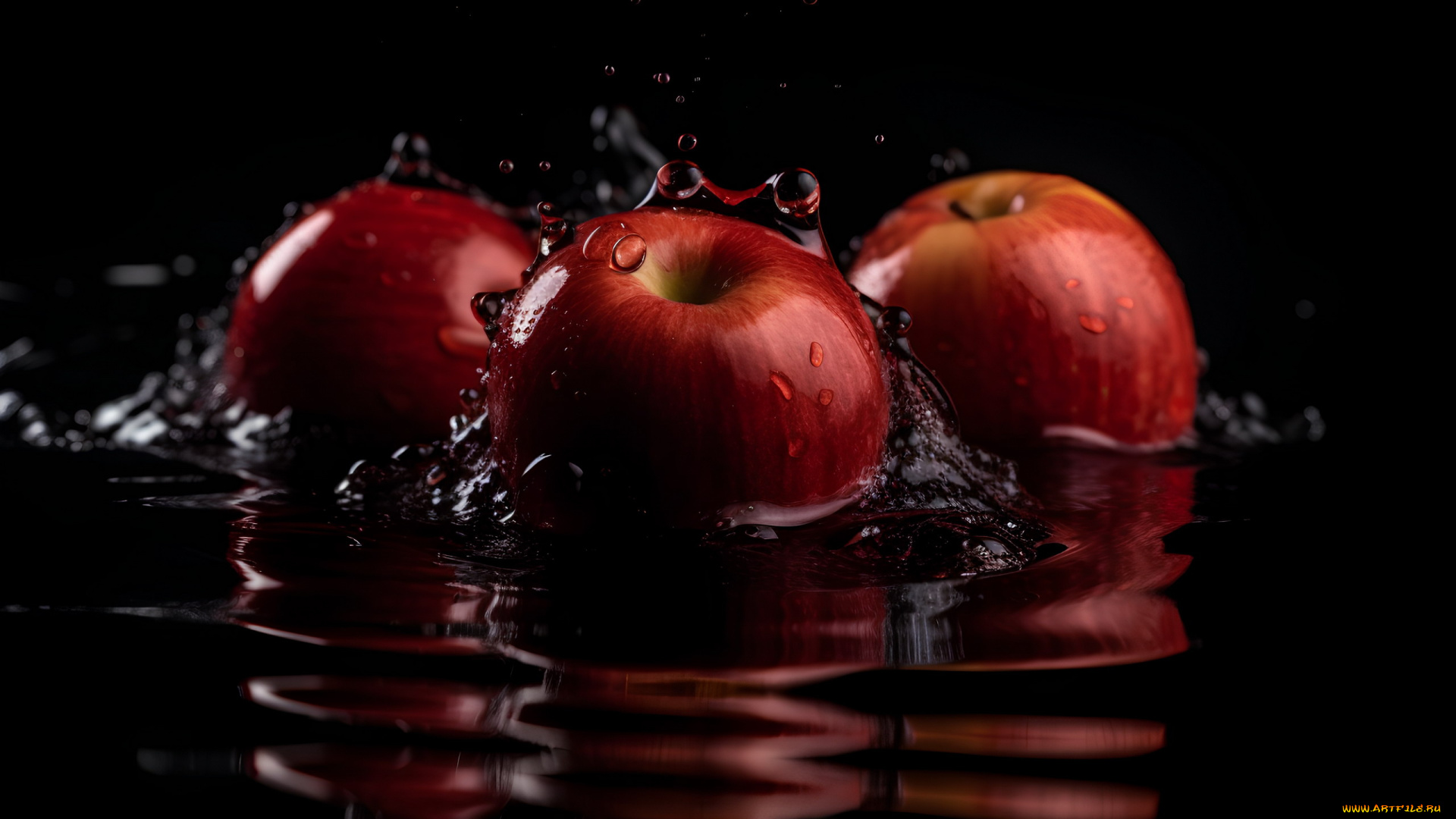 еда, яблоки, вода, капли, отражение