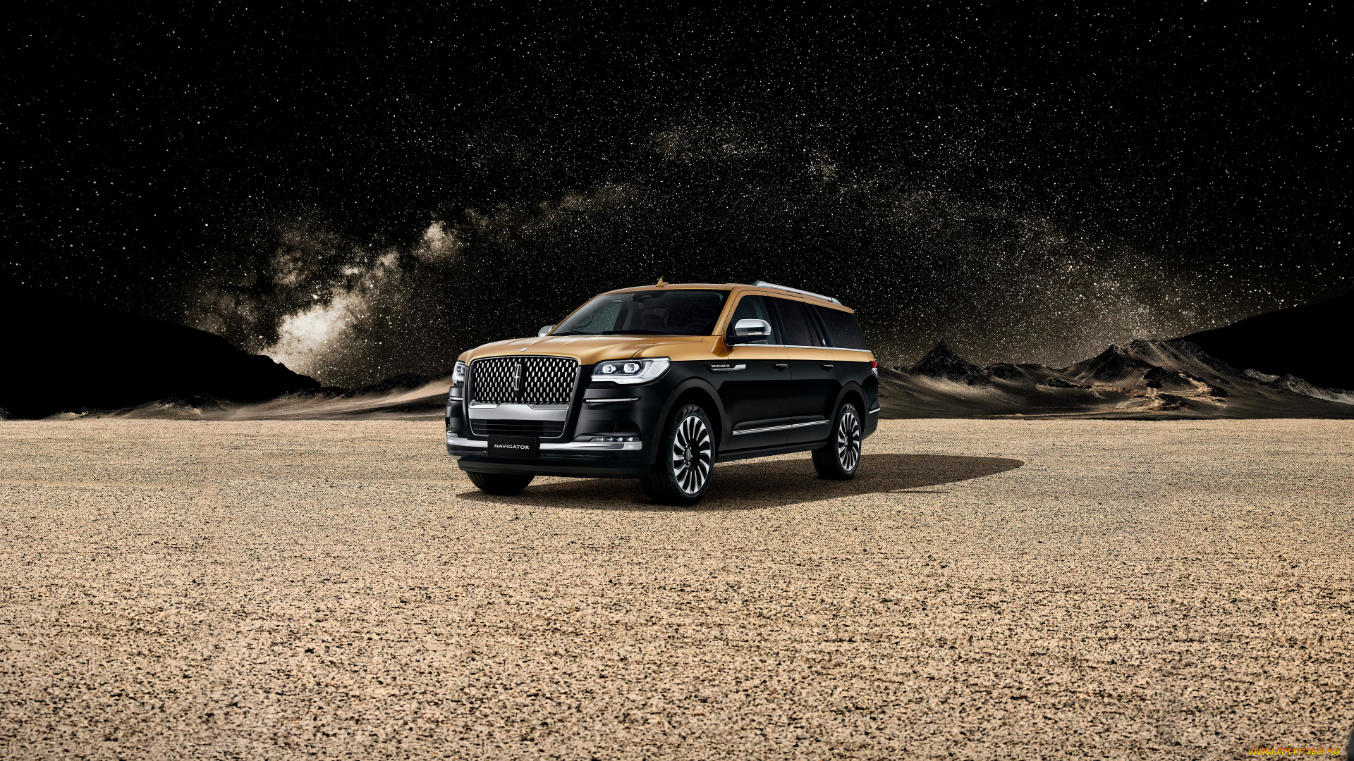 lincoln, navigator, black, &, gold, 2023, автомобили, lincoln, navigator, black, gold, роскошный, внедорожник, ночь, пустыня, звезды