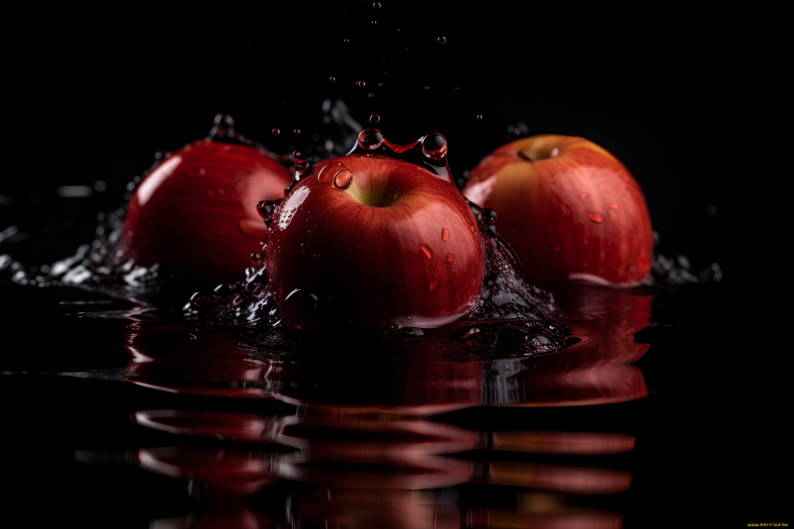 еда, яблоки, вода, капли, отражение