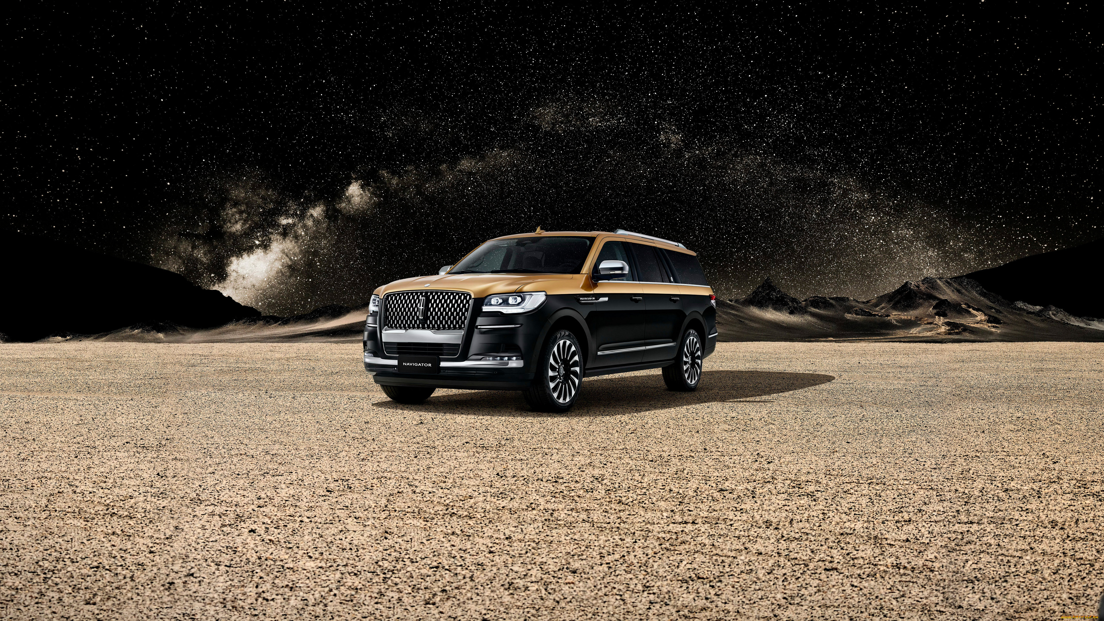 lincoln, navigator, black, &, gold, 2023, автомобили, lincoln, navigator, black, gold, роскошный, внедорожник, ночь, пустыня, звезды