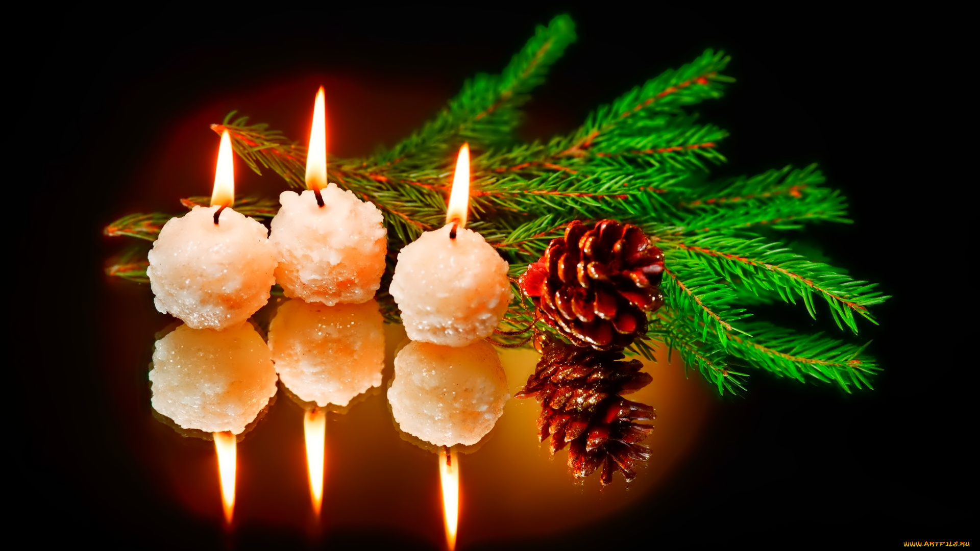 праздничные, новогодние, свечи, пламя, шишка, свечи, отражение, ветка