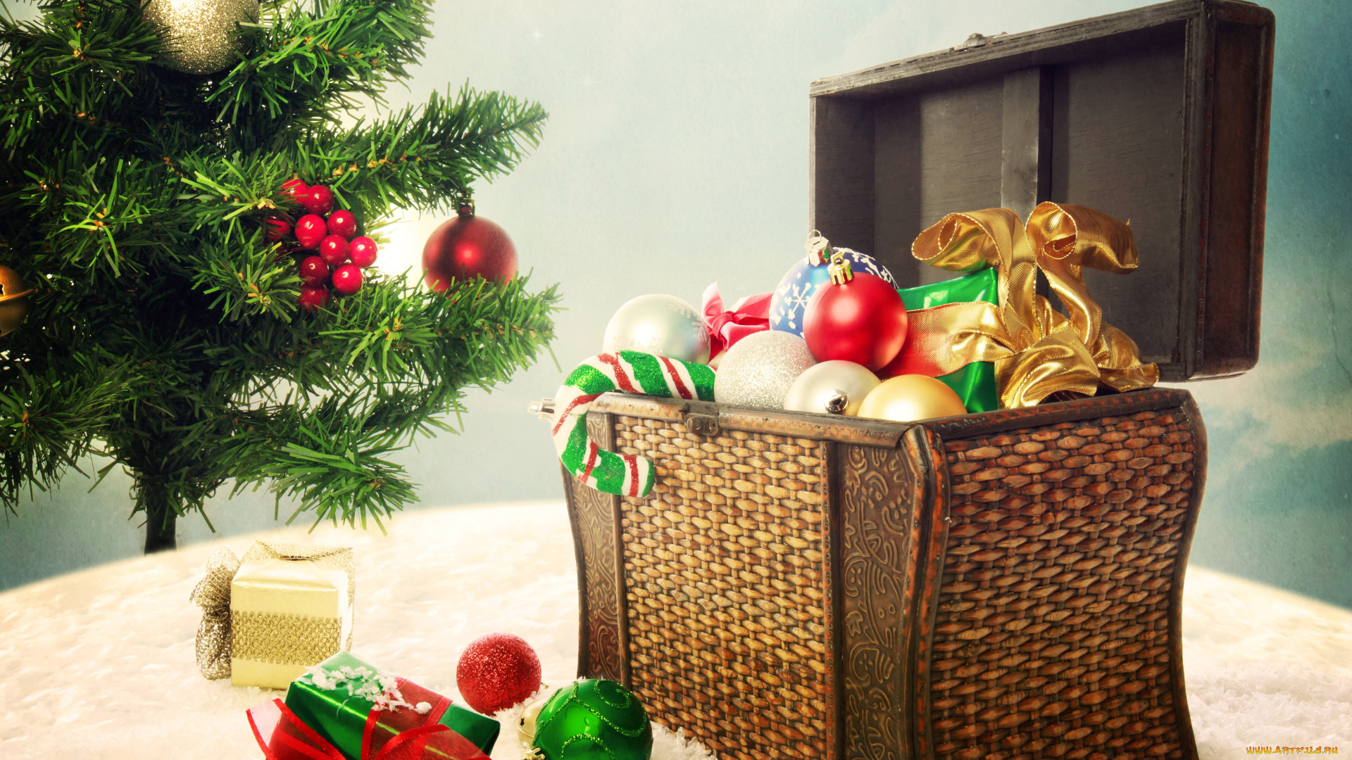 праздничные, украшения, шарики, игрушки, елка, сундук
