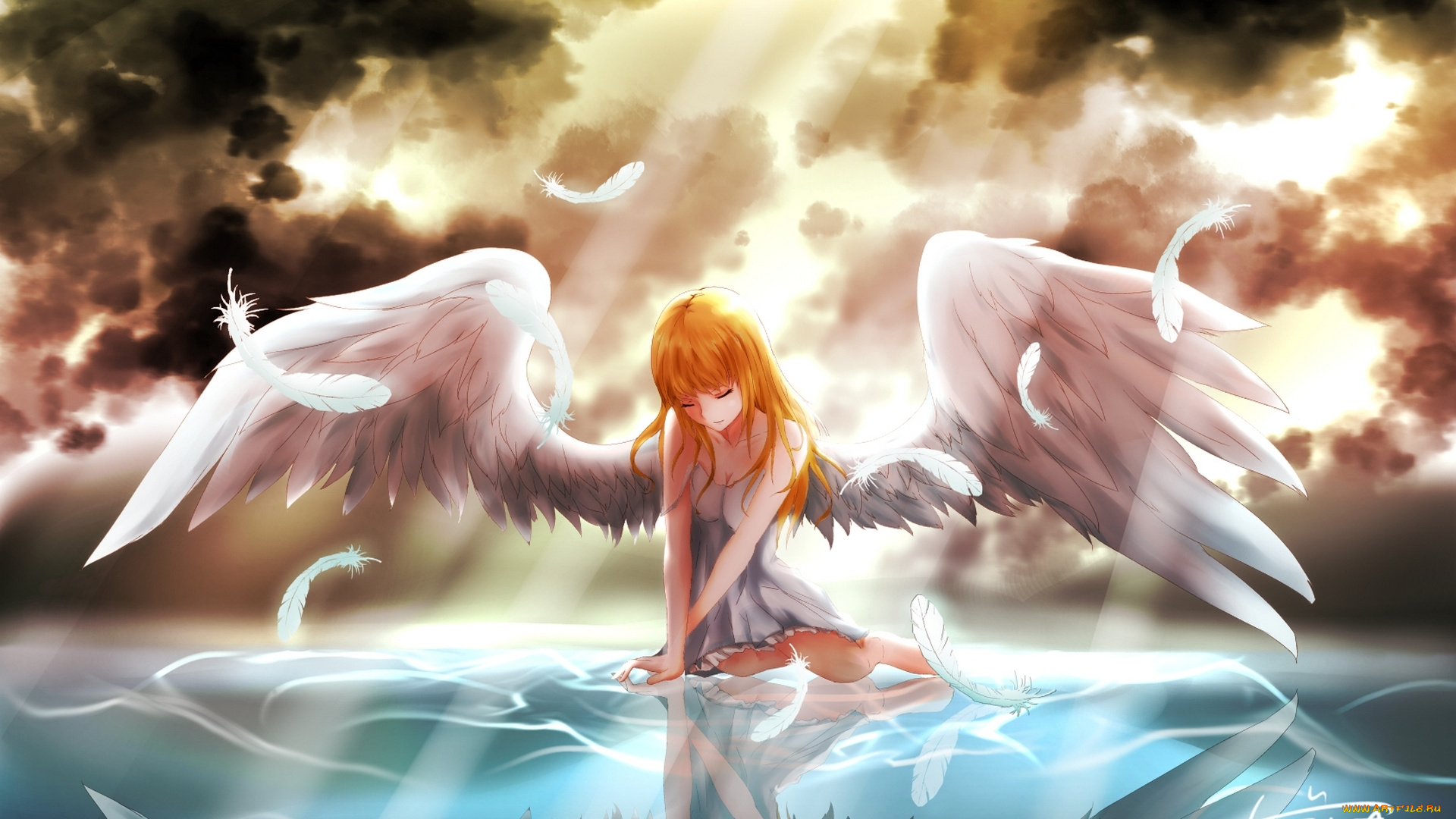 аниме, ангелы, , демоны, девушка, арт, перья, небо, облака, крылья, ангел, отражение, вода, свет