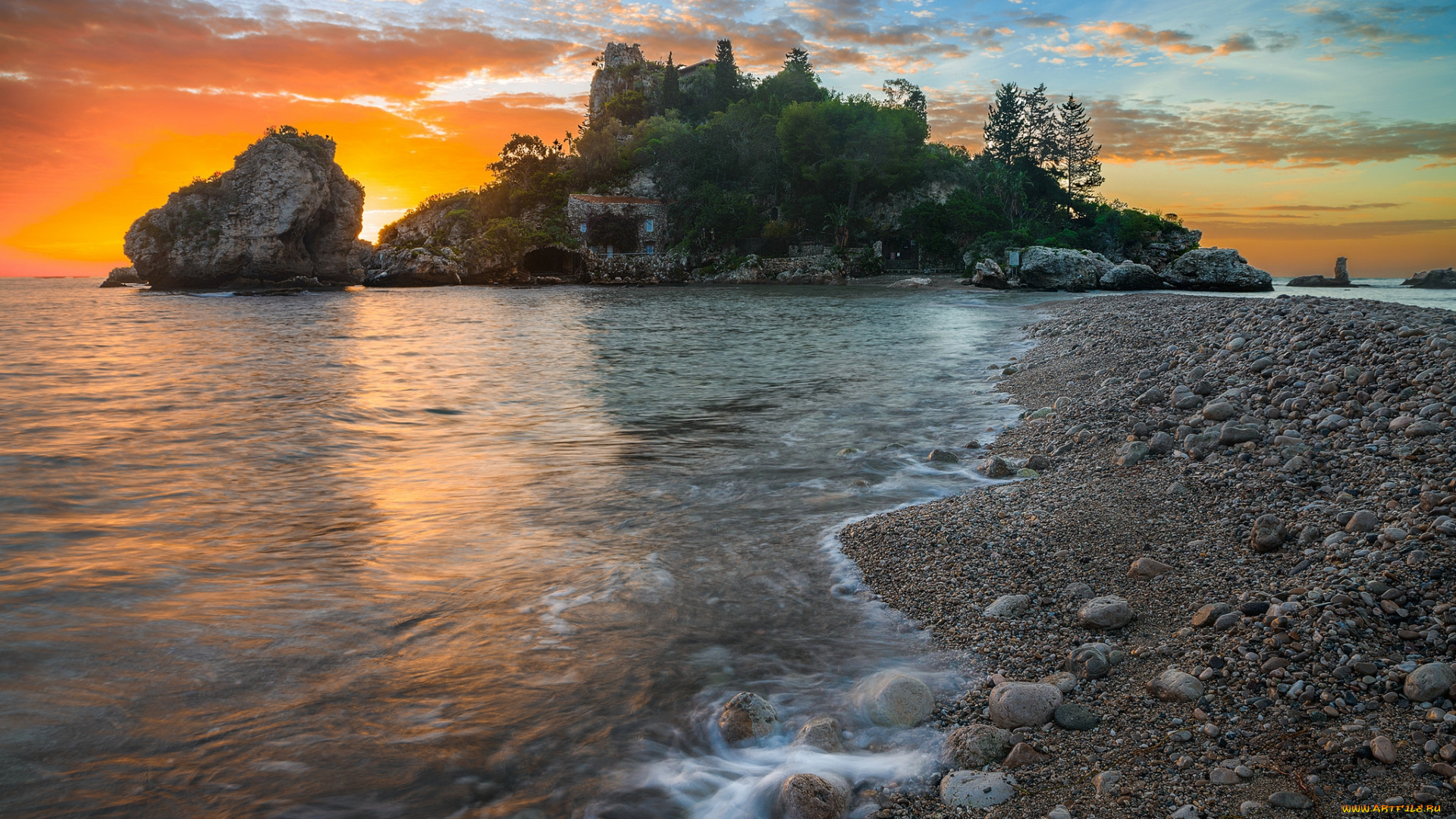 isola, bella, sunrise, города, -, пейзажи, отель, остров, море