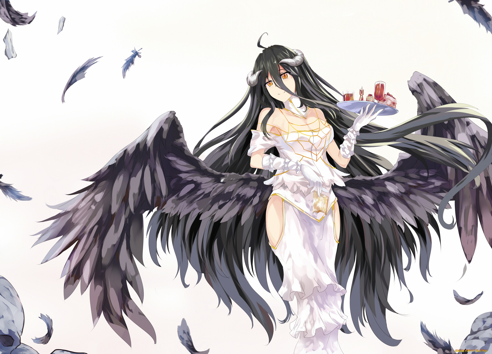 аниме, overlord, art, демонесса, albedo, поднос, напитки, крылья, девушка