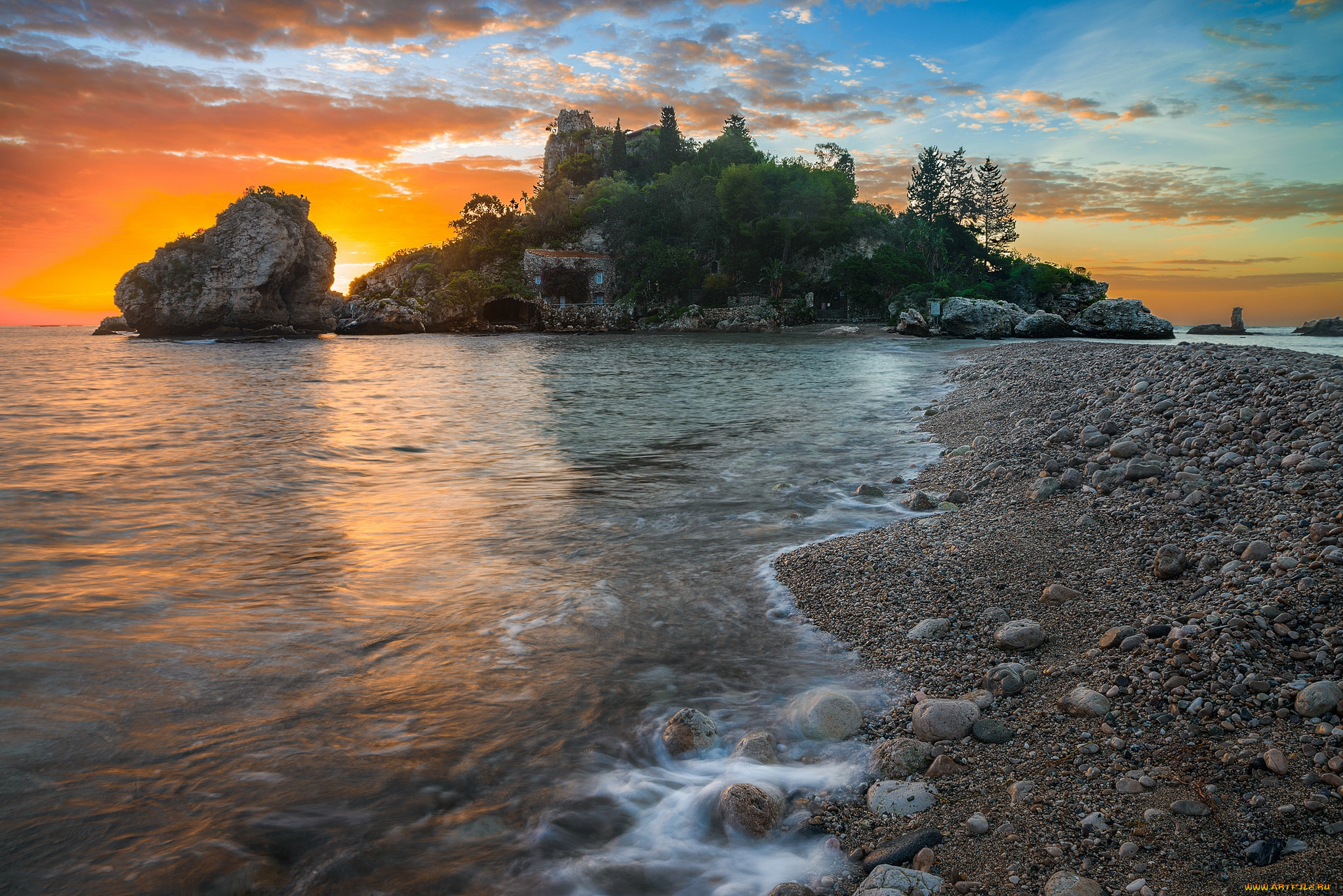 isola, bella, sunrise, города, -, пейзажи, отель, остров, море