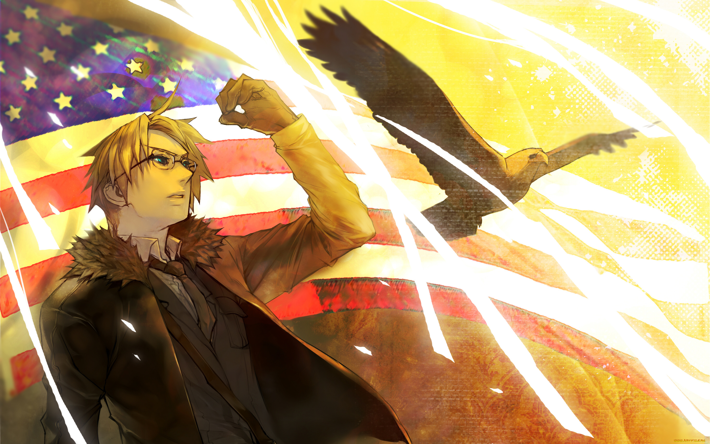 аниме, hetalia, , axis, powers, орёл, парень, птица, флаг, арт, америка