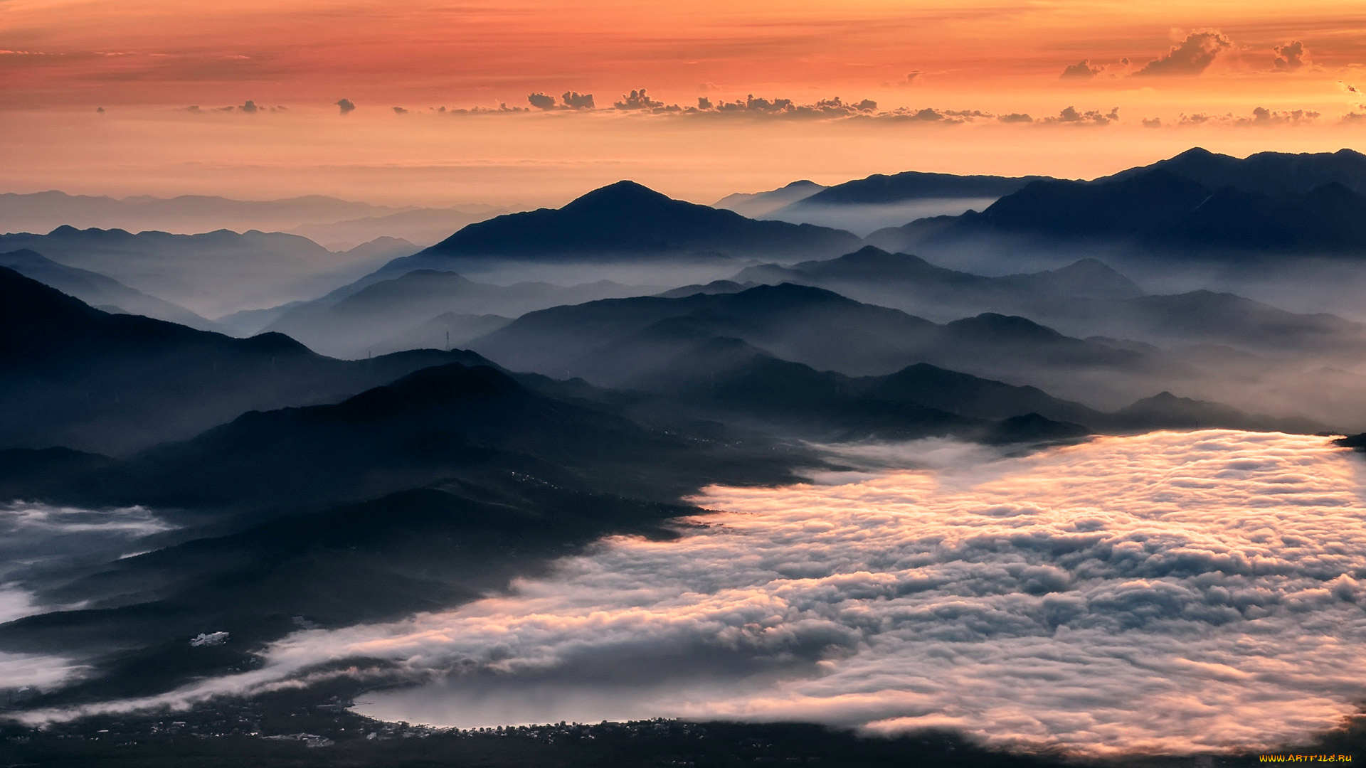природа, горы, Япония, туман, рассвет, озеро, Яманака