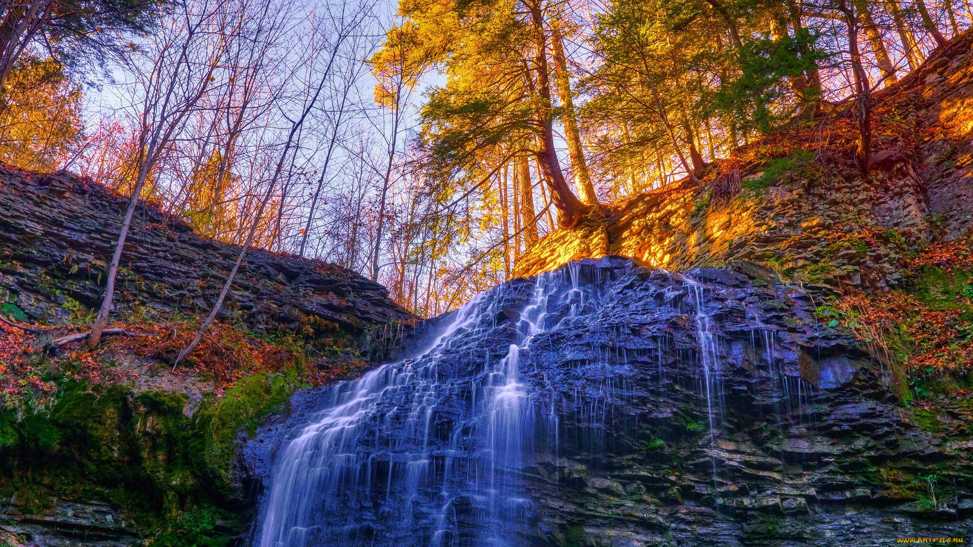 природа, водопады, лес, деревья, поток, осень