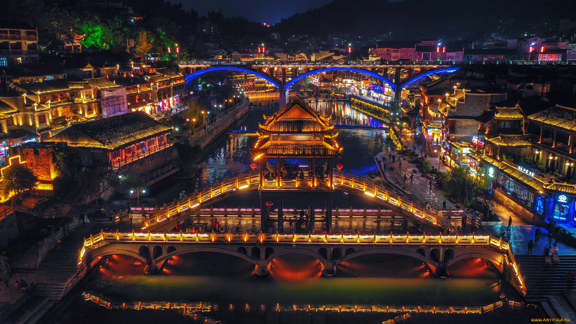 fenghuang, ancient, town, города, -, огни, ночного, города, простор
