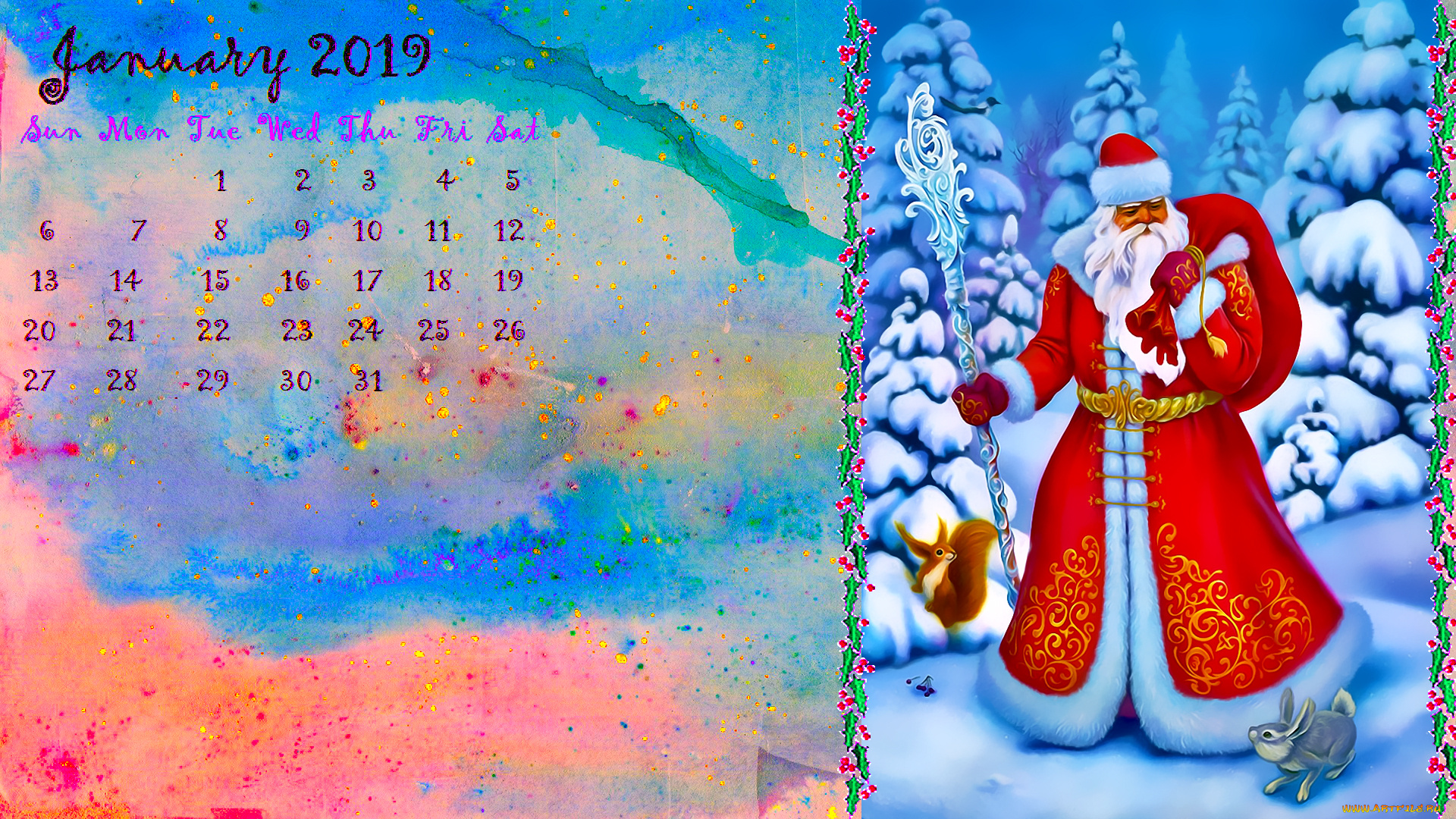 календари, праздники, , салюты, зима, снег, елка, посох, белка, дед, мороз, заяц