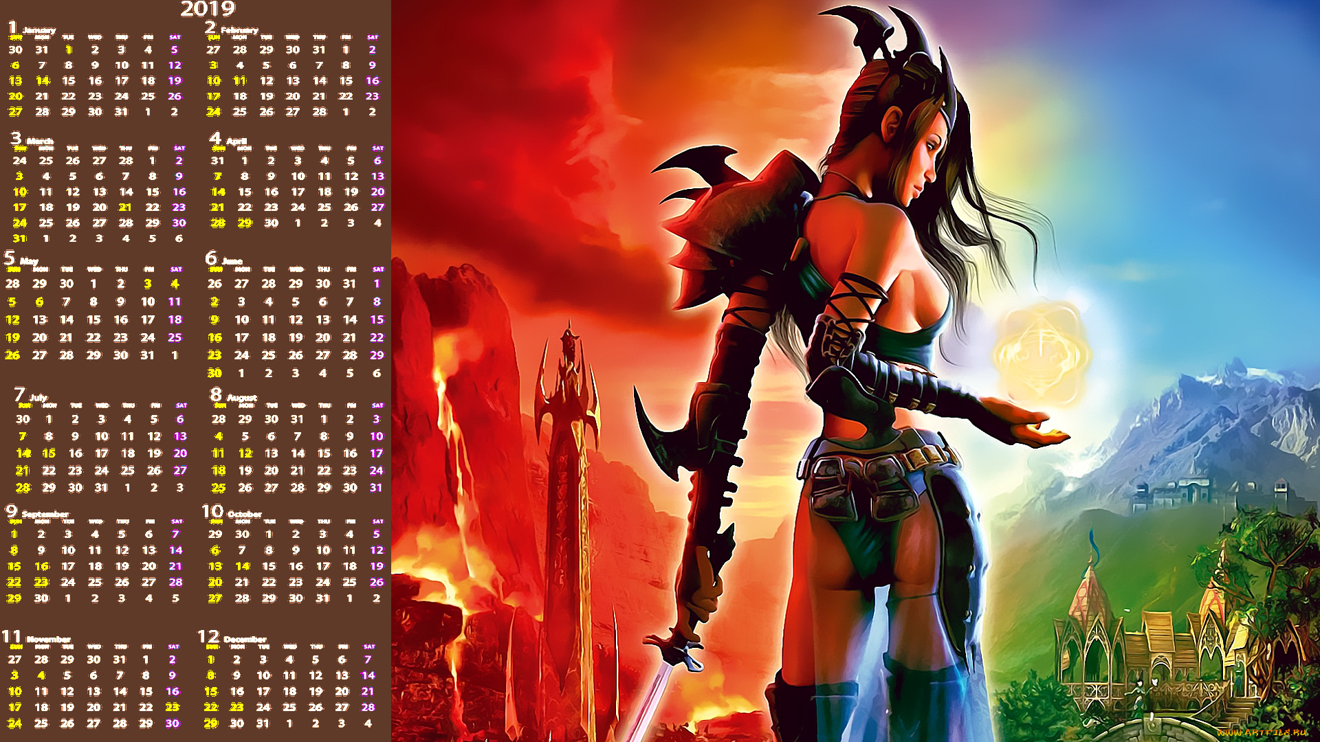 календари, видеоигры, девушка, оружие, магия, гора
