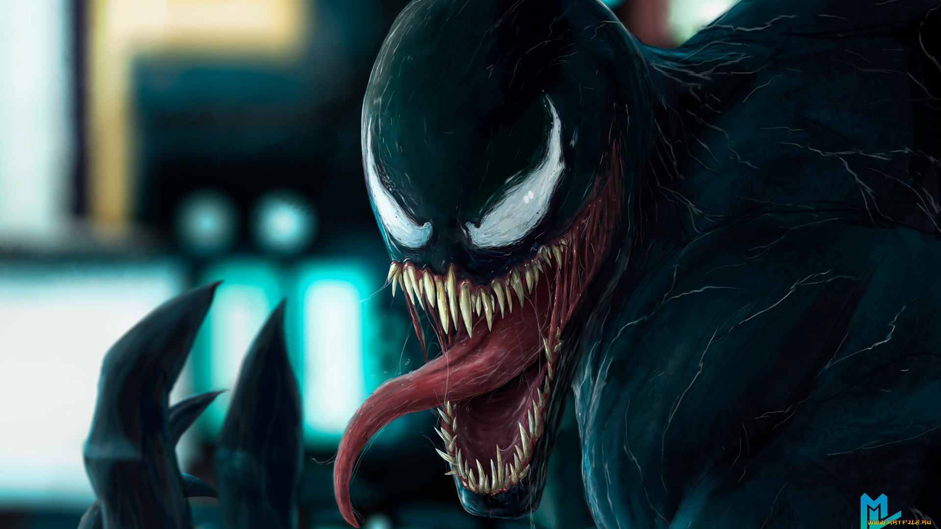 рисованное, комиксы, migue, villaf, by, venom, in, the, city, creatures, marvel, зубы, Язык, симбиот, веном